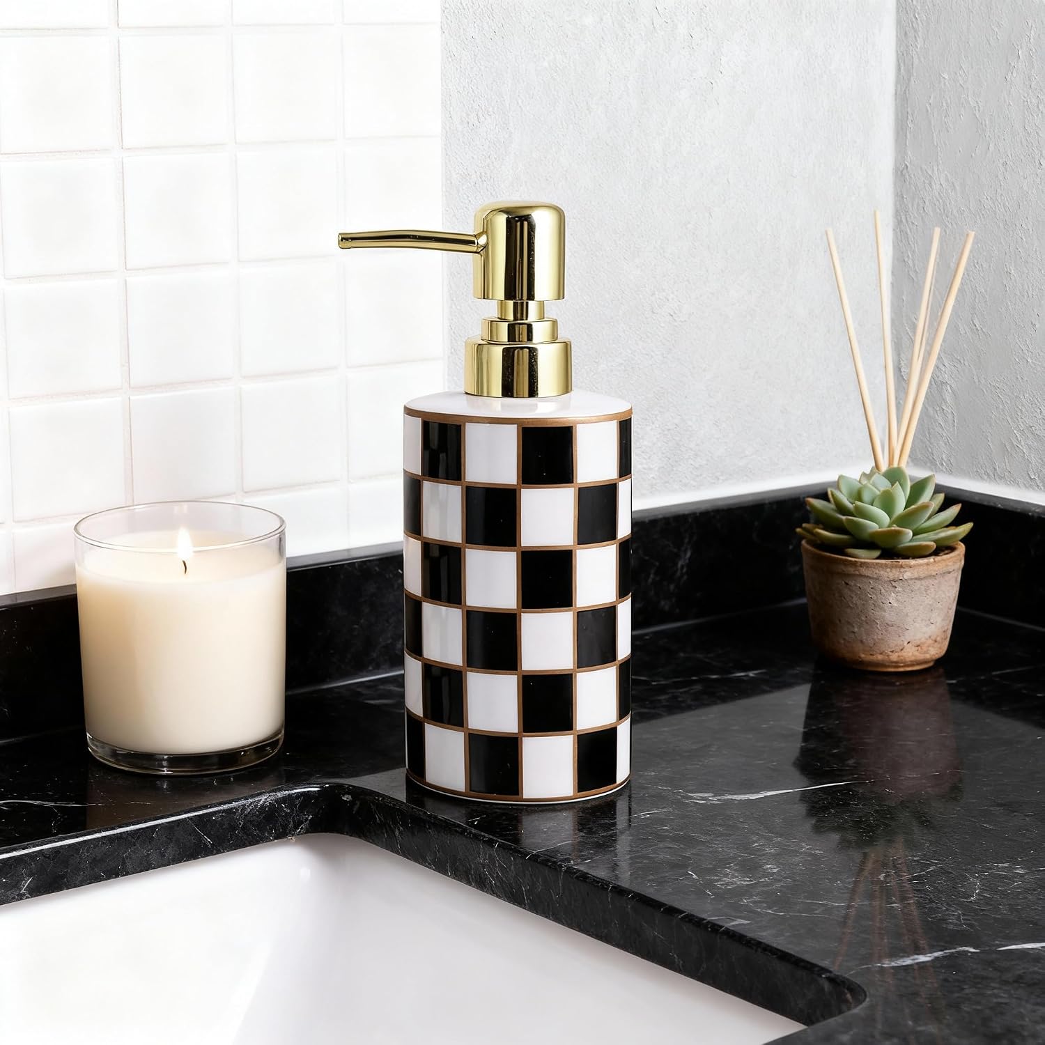 Bathroom Soap Dispenser,Gold Pump Ceramic Soap Dispenser,Kitchen Empty Pump Bottle,Bath Countertop Storage Organizer,Grid Pattern Bathroom Decor (Black)