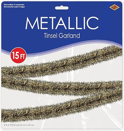 Miniatura 5 de Beistle Guirnalda metálica de oropel para decoración del árbol de Navidad, decoración colgante de fiesta de Año Nuevo, 3 x 15 pies, negro/dorado