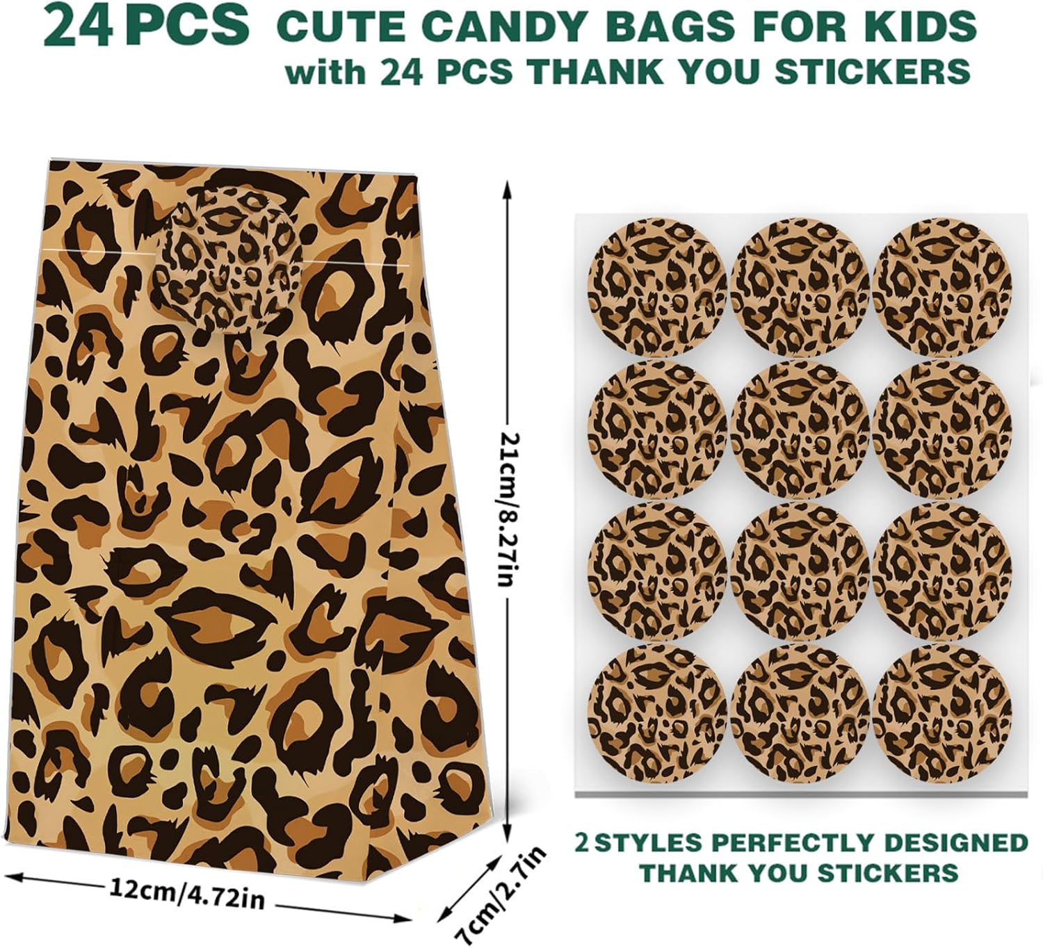 24PCS Cheetah Print Goodie Bags Leopard Print Gift with Stickers -Wild Life Animal Themed Birthday Party Favor, Leopard Print Paper Treat Bags for Party Decoration Supplies (24-Leopard-bags) - Image 2