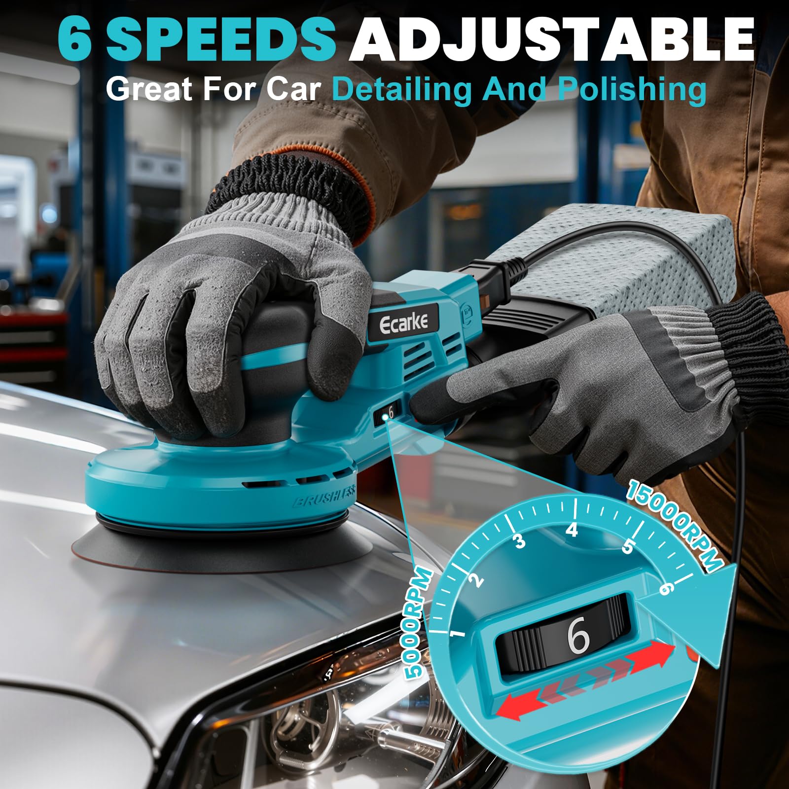 Ecarke Ponceuse Excentrique Sans Fil 125 mm,Compatible avec Makita 18V, 15000 tr/min, 6 Vitesses Réglables, avec Sac à Poussière & 20 Disques Abrasifs, pour Cirer, Dérrouiller(Outils Uniquement)