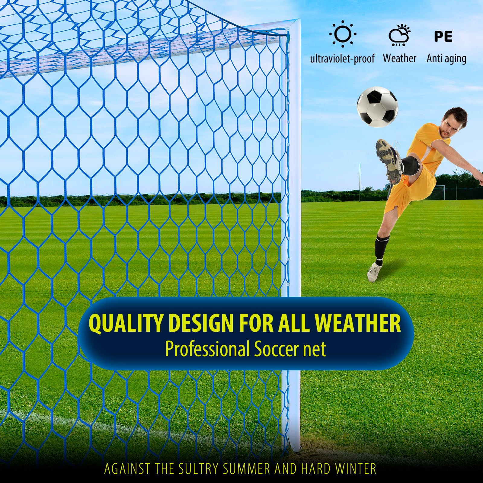 Professionelles Fußballtornetz, 6,4 x 2,4 m, 4 mm Nylon, 10,2 cm sechseckig, verbesserte Wetterbeständigkeit, verbesserte Bruchfestigkeit, hervorragende Abriebfestigkeit