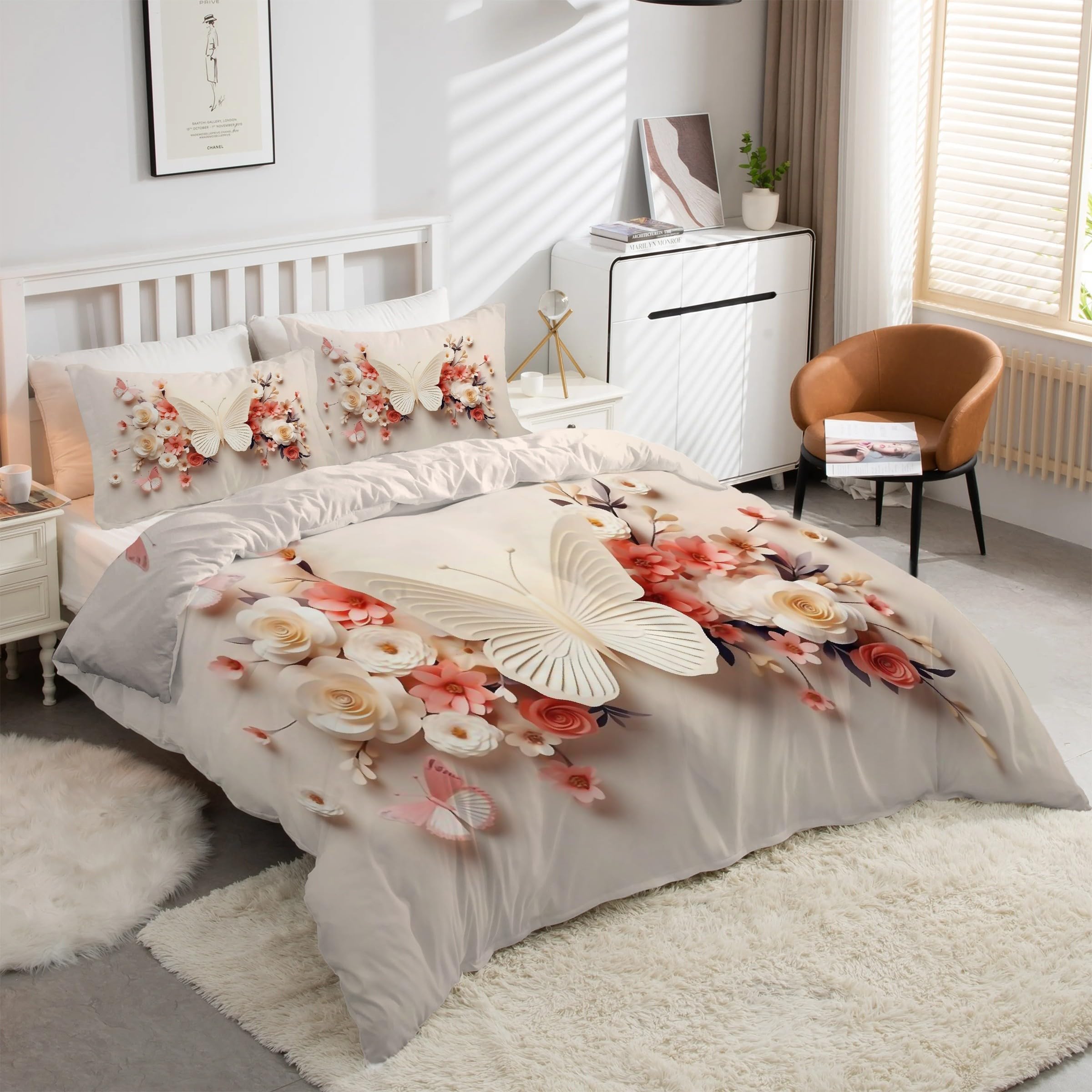 Housse de couette 220x240 fleurs et papillons en microfibre douce avec ses 2 taies d'oreiller