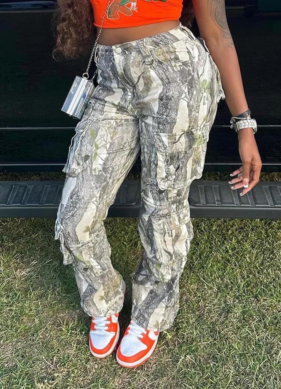 Camo Cargo Pants Women High Waist Baggy Wide Leg Camouflage Army Fatigue Jean Trouser Slim Fit Pocket Jogger Sweatpant