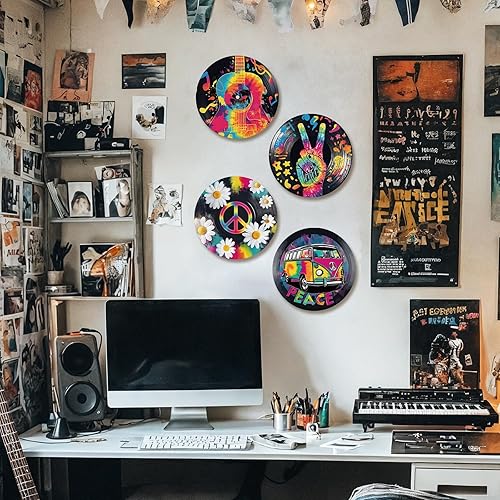 Miniatura 5 de DOODLREAM 4 unidades de discos de vinilo de margaritas de grafiti para decoración de pared de 12 pulgadas, letrero de paz hippy de autobús, pósteres