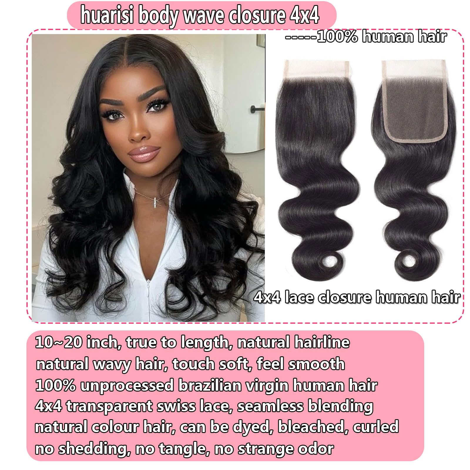 Huarisi 18 Inch Body Wave Closure Human Hair 4x4 Transparent Lace Closure Free Part for Black Women Sew in Remy Brazilian Wavy Hair Soft Natural Colour Can be Dyed - Image 3