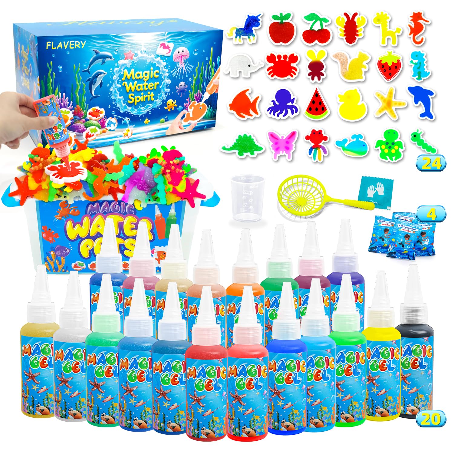 Flavery Magic Water Elf - Kit Géant 20 Couleurs & 24 Moules - Perles D'Eau Magiques Squishy 3D - Kit Créatif Enfants Dès 6 Ans - Idéal Cadeau Anniversaire Ou Vacances