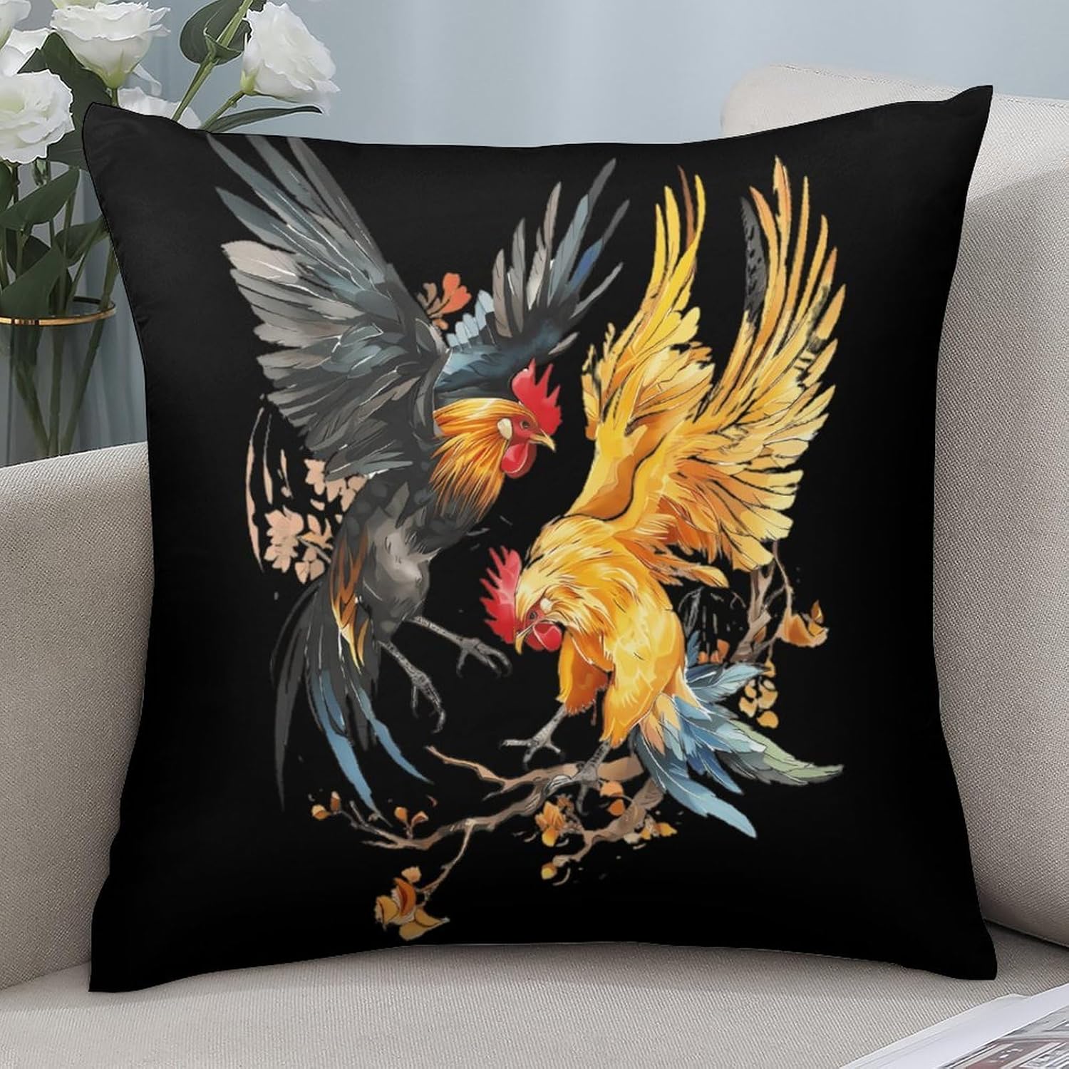 Rooster Chicken Fight Printed Throw Pillow Case 4 Pcs Soft Pillowcases Pillows Covers Sofa Bed Decor 12/14/16/17/18/20/22/24/32 Inches
