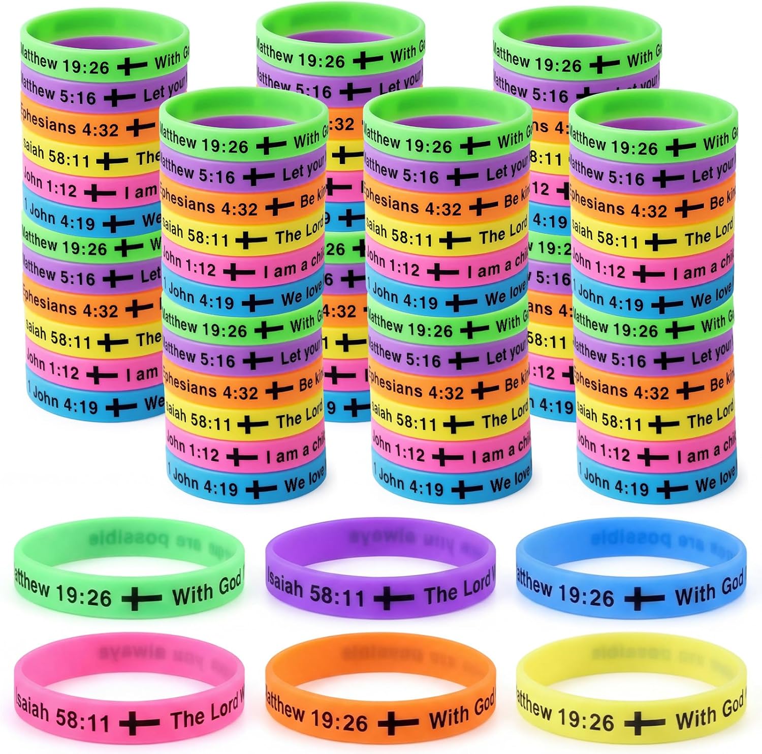 Tondiamo 240 Pcs 8'' Easter Christian Bible Verse Wristbands Bulk, Glow in The Dark Luminous Silicone Bracelets with Scripture Words Christian Gift for Missionaries Religious Church(Bright)