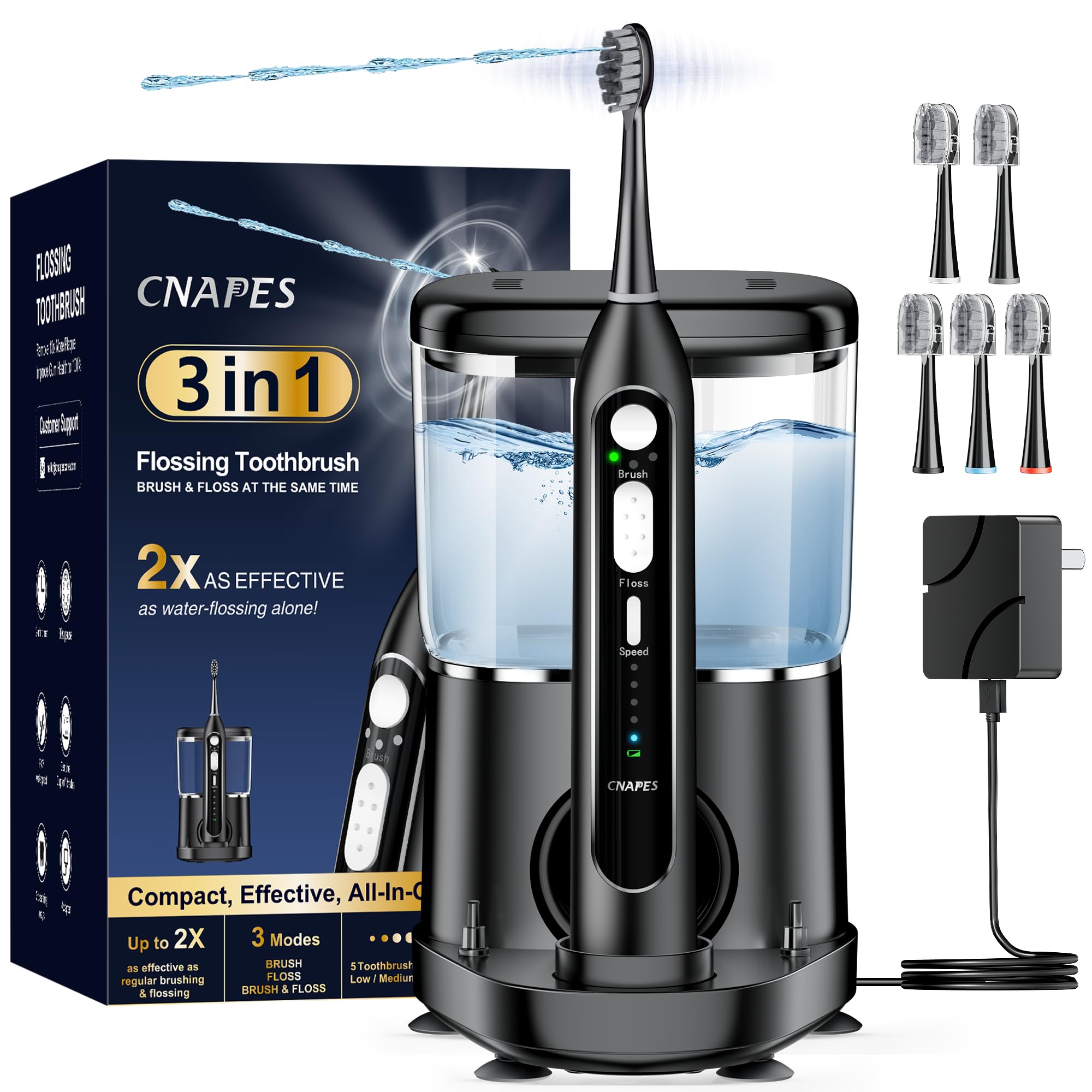 Electric Toothbrush with Water Flosser Combo in One - Sonic Flossing Toothbrushes for Teeth Cleaning, Rechargeable,Portable Cordless Water Flosser for Adults, 17oz Large Tank, 3 Modes & 5 Brush Heads Black