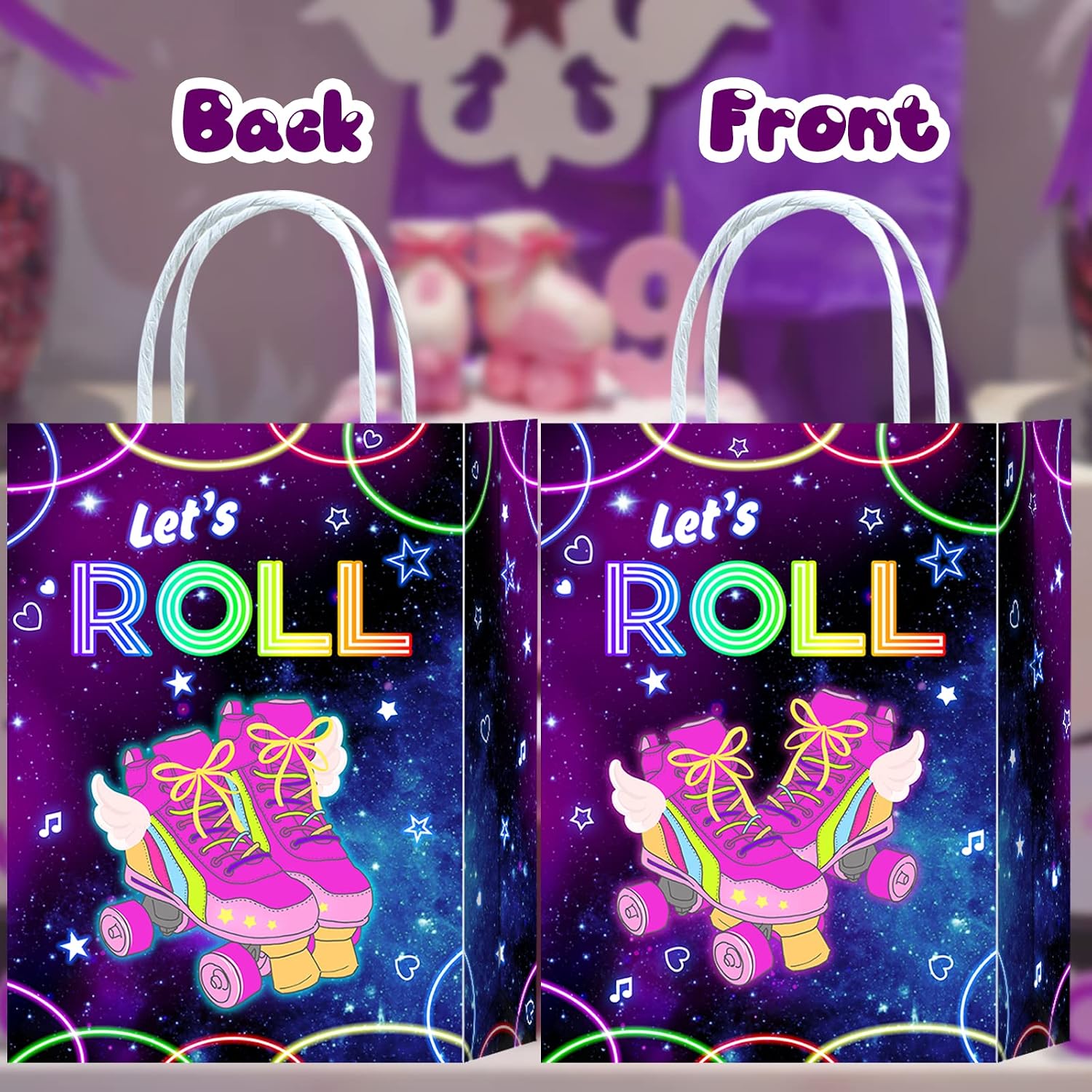 16 Pieces Roller Skates Goody Bags for Roller Skating Birthday Party Supplies,Rollerskate Gift Snacks Treat Candy Party Favors Bags with Handles for Kids Adults Roller Skating Theme Party Decorations image 2