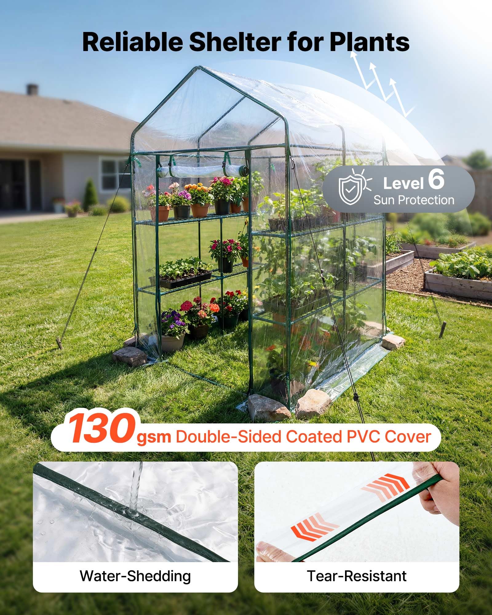 VEVOR Serre de Jardin avec 10 Étagères 2 Niveaux Serre de Jardin pour Plantes et Fleurs en Pot, avec Bâche Transparente PVC, Porte Zippée Enroulable, Capacité Charge par Niveau 15 kg, 137x137x196 cm