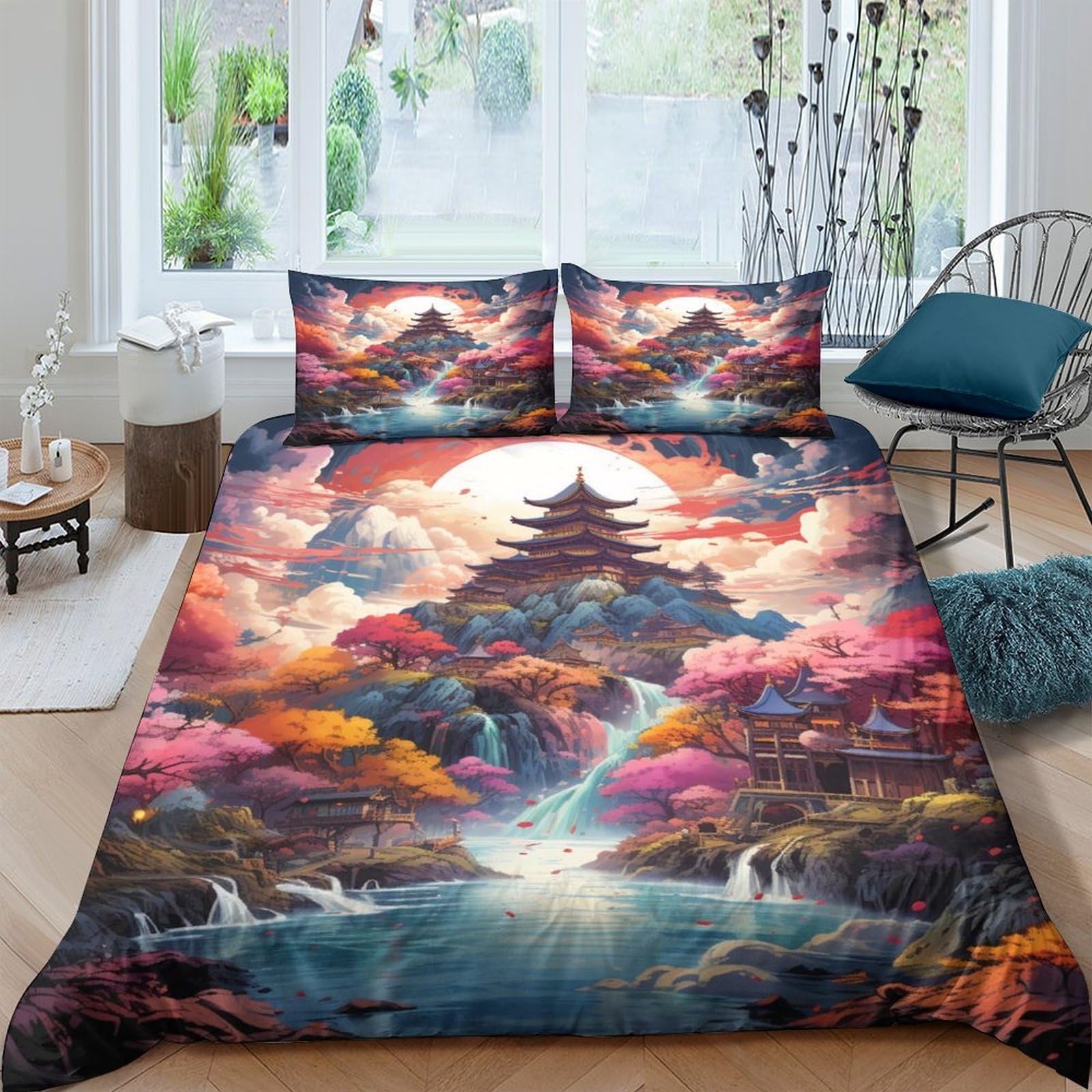 Ctjqhvkz Style-8 3D Printed Japanese Pagoda Fitted Sheet Microfiber Autumn Landscape Bed Cover Artistic Bedroom Decor Easy Care Single（135X200cm）
