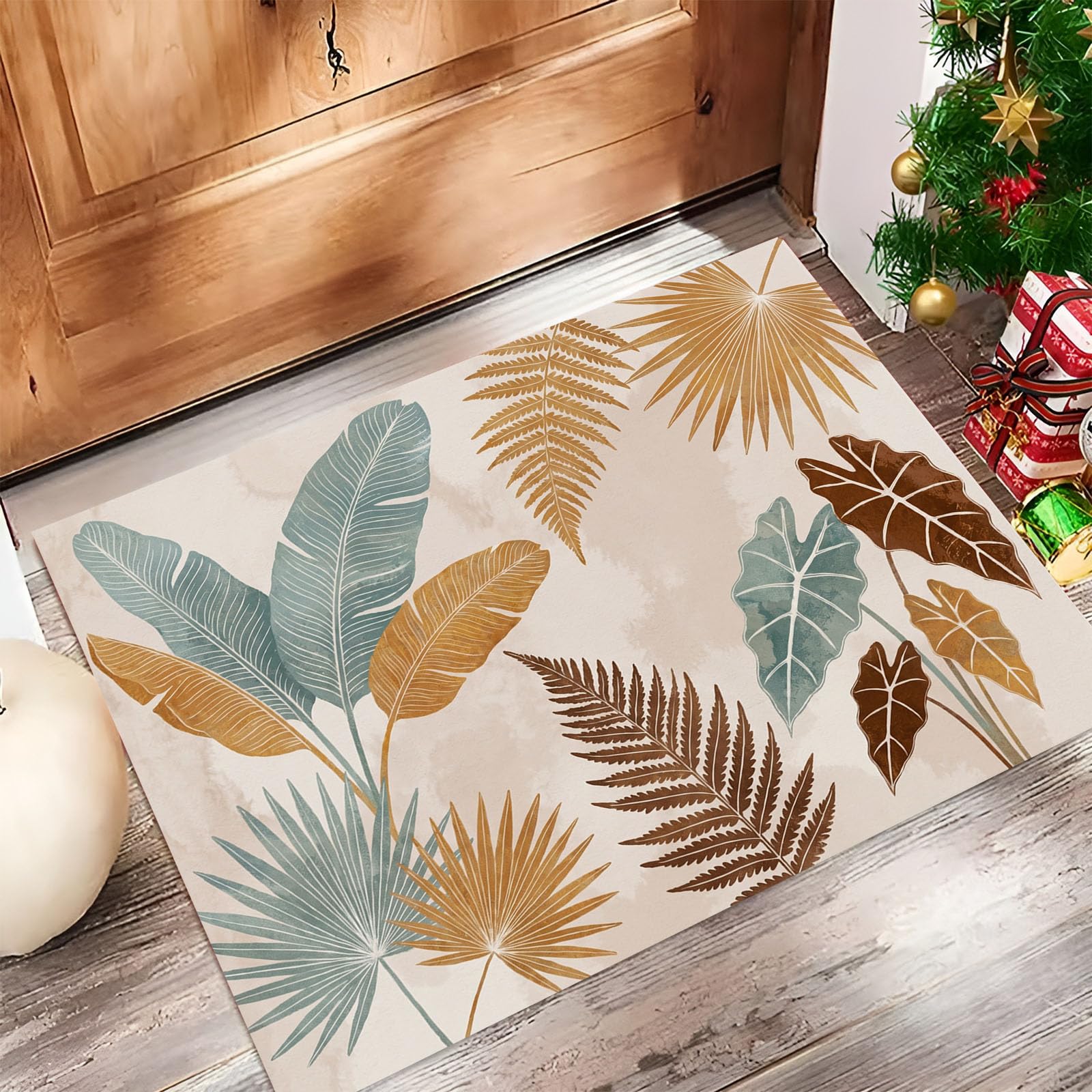 Zerbino Ingresso Interno Foglie Boeme, Zerbino Di Benvenuto Lavabile Morbida Piante Tropicali Semplici, Antiscivolo Tappeto Da Decorazioni Beige Per Casa Porta, 60X90Cm