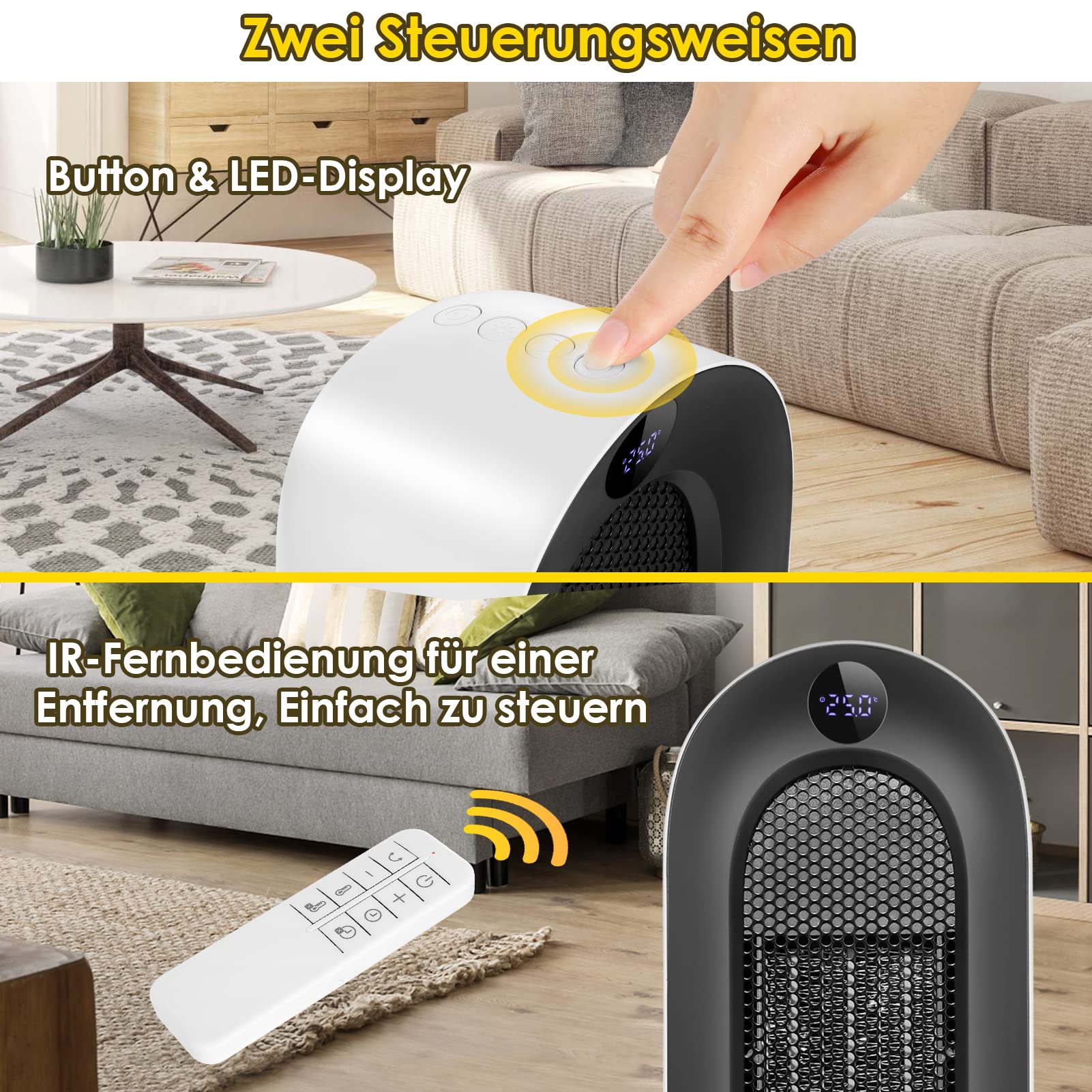 Calentador de ventilador de cerámica, 2000 W, 3 modos, termostato, temporizador de 12 horas, protección contra inclinaciones, 100° oscilante para hogar y oficina, pantalla pequeña