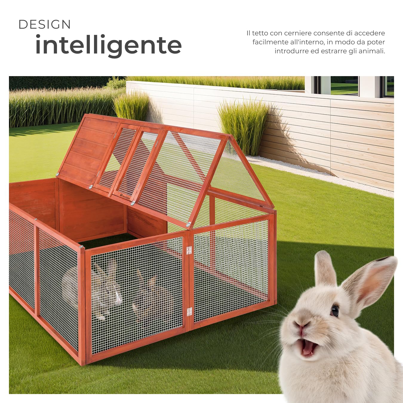 tectake® Conigliera da esterno Pieghevole, Recinto per Conigli con Apertura Tetto Bloccabile, Struttura in Legno Verniciato, Rete Metallica, Casetta da Giardino, Gabbia per conigli - 150 x 103 x 53 cm
