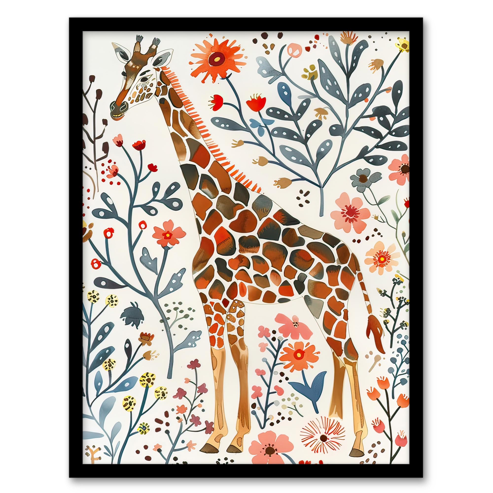 Artery8 Giraffe with Wildflowers Watercolour Folk Art Living Room Artwork Framed Wall Art Print 18X24 Inch