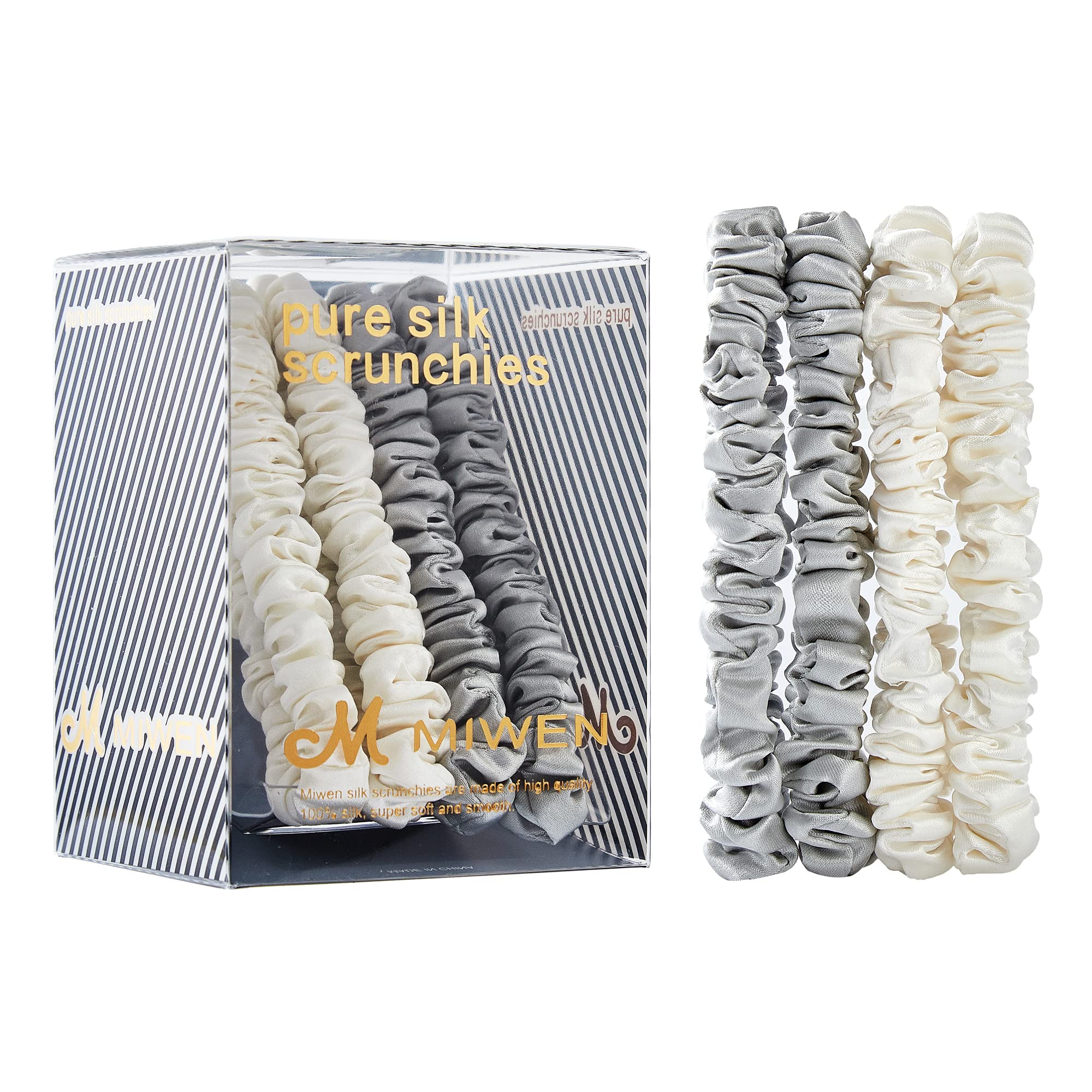 Miwen Silk Scrunchies for Women, Small White & Light Grey, Pure Mulberry Silk Hair Ties, 22 Momme,Soft & Shiny, Less Pulling, Breakage for Ponytail