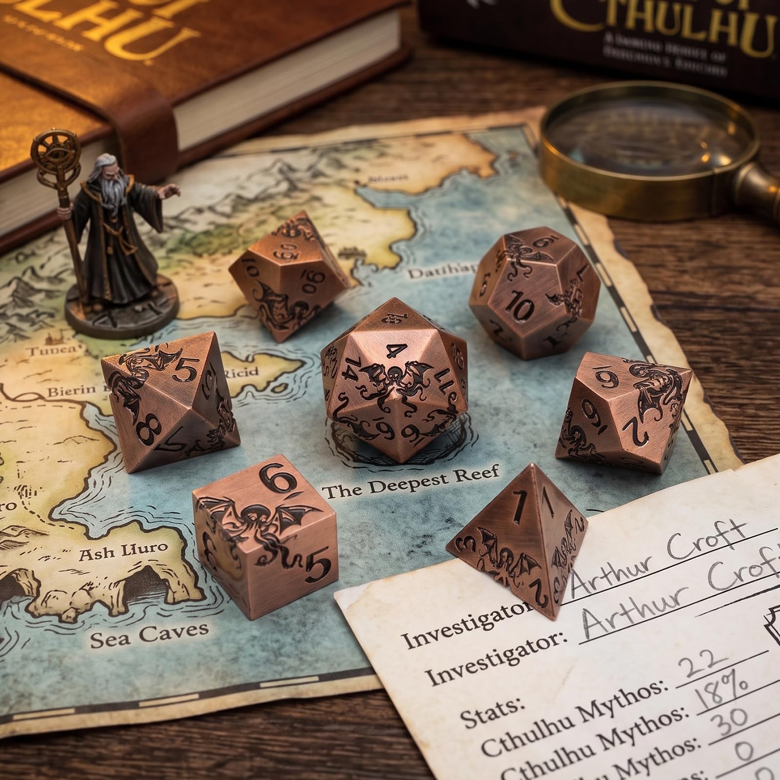 Juego de dados de metal – Diseño Pulpo,7 piezas D4 D6 D8 D10 D12 D20 D00,Dados poliédricos Premium para RPG y juegos de mesa, caja de regalo magnética (bronce antiguo)