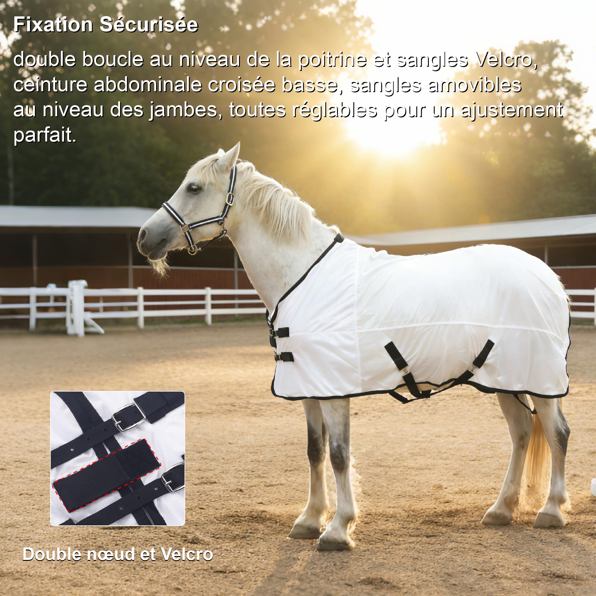 Couverture Anti-Mouches en Maille pour Chevaux, Protection UV, Légère et Respirante, Ajustement Réglable, Encolure Standard, pour l'Été dans Les Paddocks et Les Écuries, Blanc 130cm
