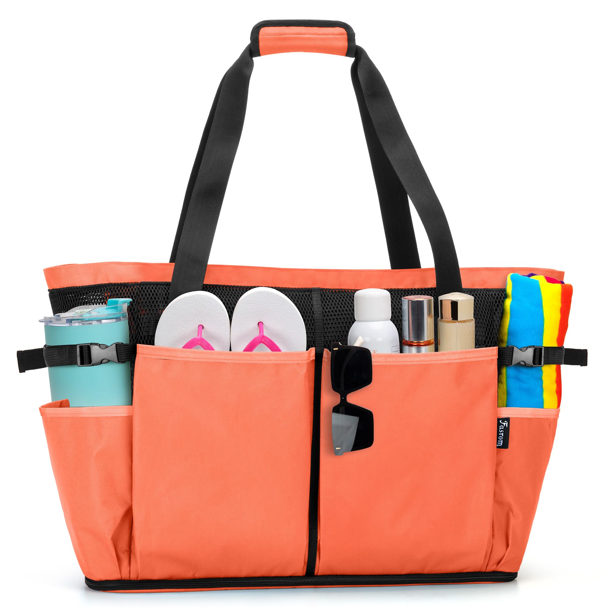 Fasrom Bolsa de Playa de Malla Extra Grande con Cremallera, Naranja | Apertura Inferior Sacude Arena, Bolsillo Impermeable, 6 Bolsillos, Correas Acolchadas, Bolsa Gran Tamano