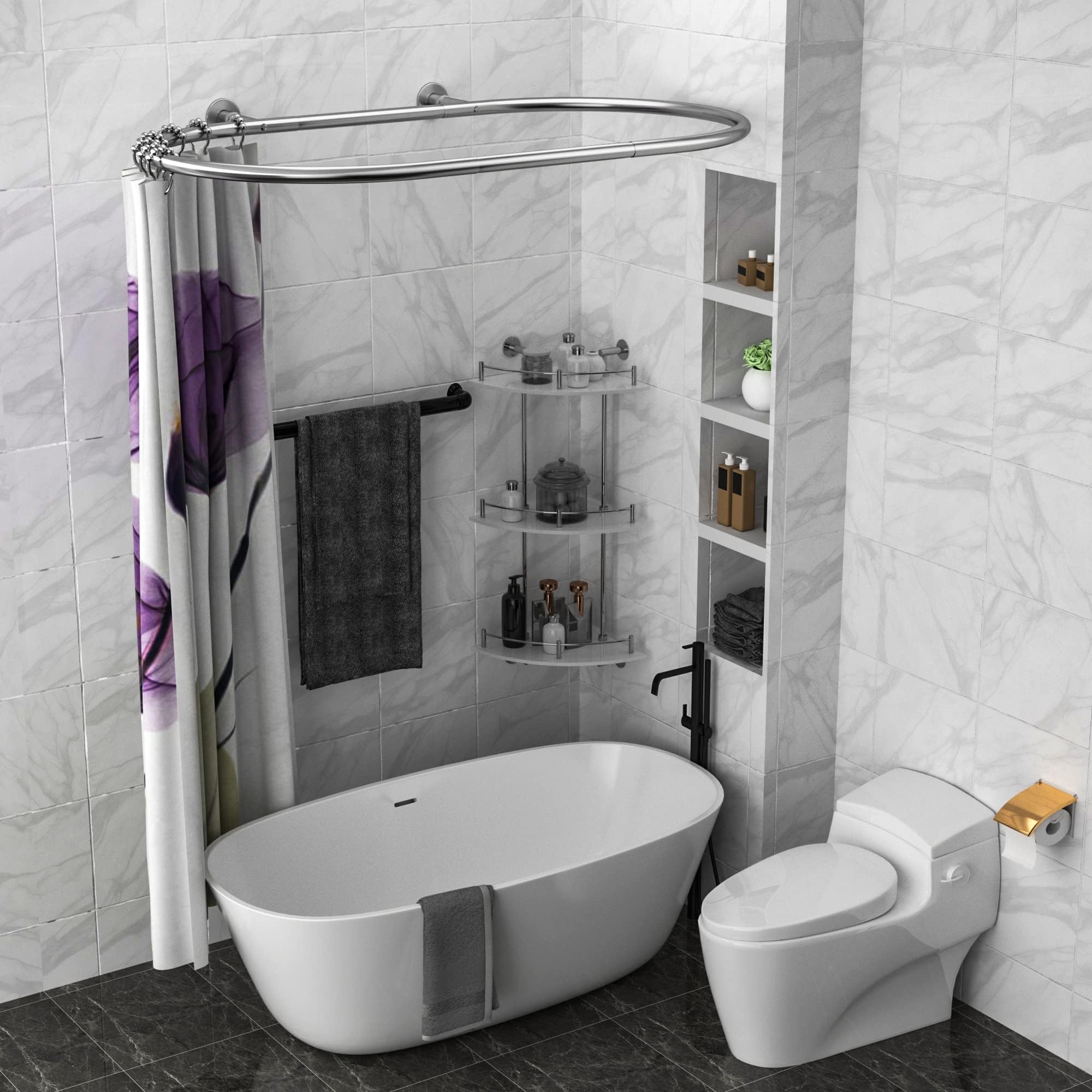 Aluminum Alloy Oval Shower Curtain Rod Hoop Square Shape Bathroom Rod for Clawfoot Tub Free Standing Tubs (Silver: L 43.3, W 25")