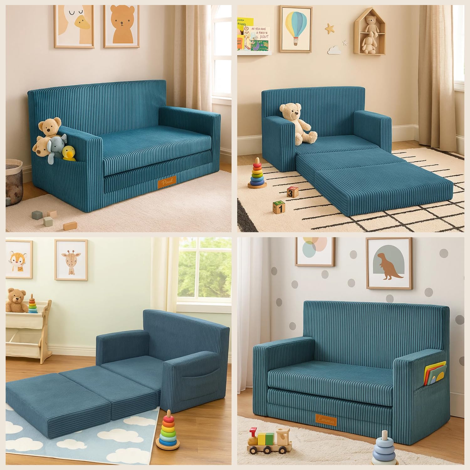 3in1 Kindersofa, Cord Spielsofa, Schlafsofa und Klappsofa, Personalisierbar, EU-Herstellung, (Blau)
