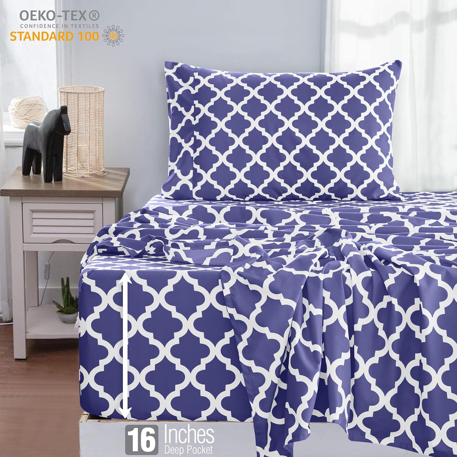 Navy Blue Quatrefoil Print Twin XL Microfiber Sheet Set