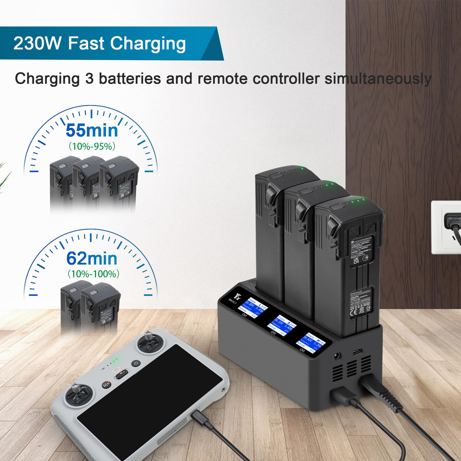 230W LCD Akku Ladegerät für DJI Mavic 3 Pro Classic Cine Enterprise Drohne,Lädt 3 Batterie,Parallel Kfz Akkuladestation,Rapid Multi ladestation Hub Zubehör
