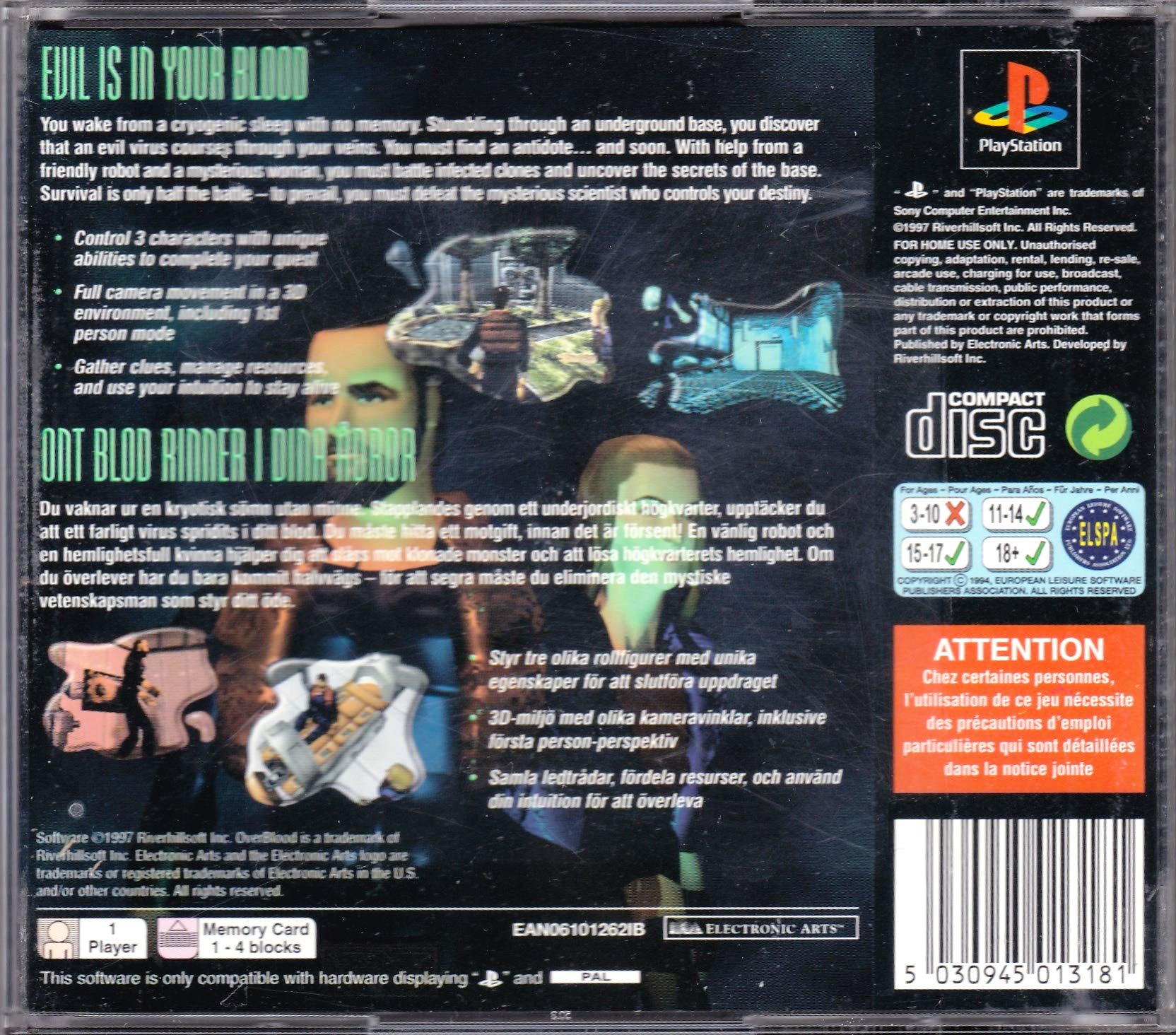 Overblood Sur PlayStation 1 - PAL Complet (boîtier, Notice, Disque) - Très Bon état