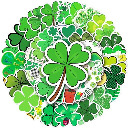 FAMYGFT Calcomanías del día de San Patricio para niños y adultos 50 calcomanías de trébol impermeables 4 hojas calcomanías de trébol etiquetas de