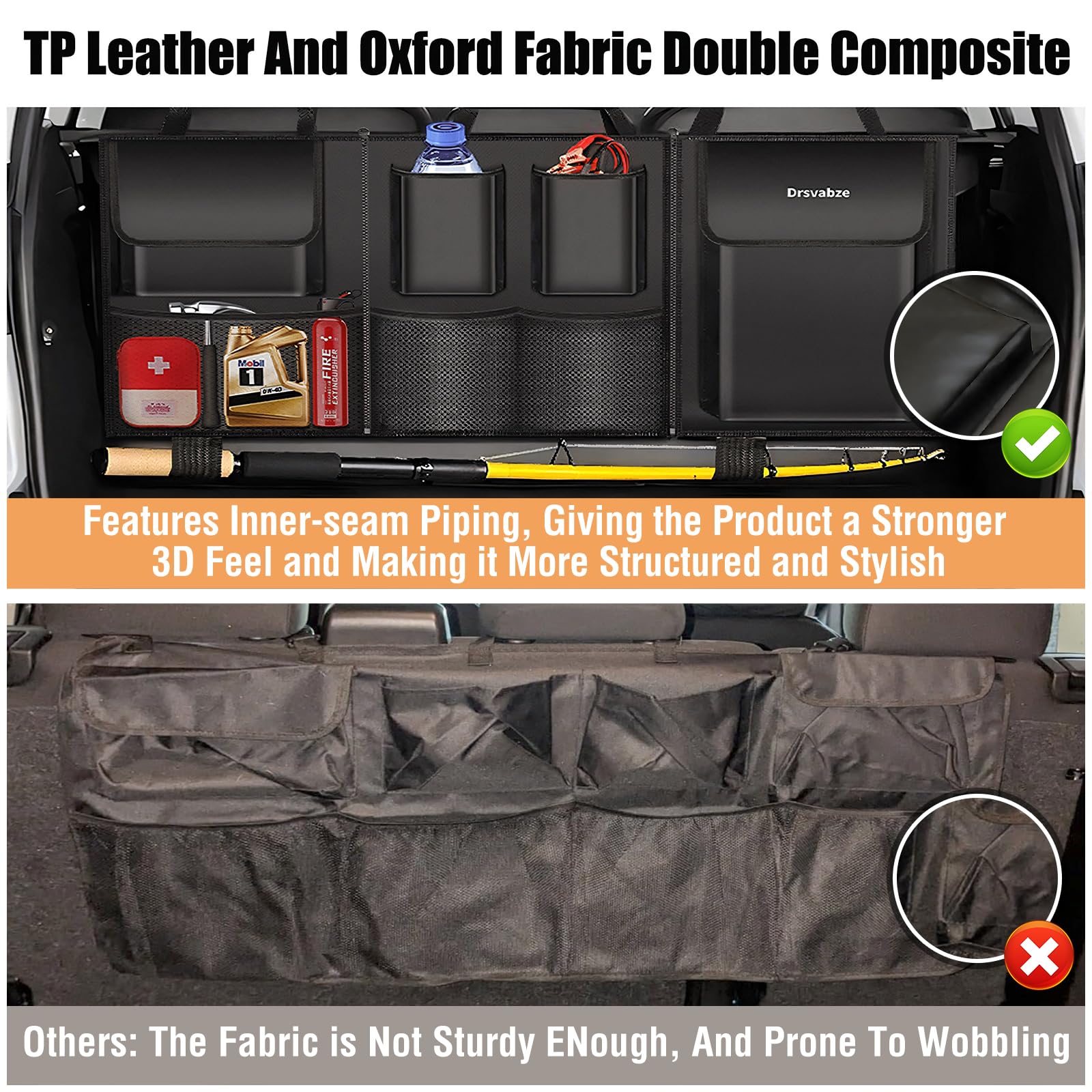 Organizer do bagażnika SUV – 3-częściowy design z zamkiem błyskawicznym, 7 kieszeni, ulepszona skóra TP i tkanina Oxford 600D, wodoodporny i odporny na zarysowania, idealny do SUV-a, pickupa