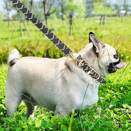 Miniatura 10 de Juego de collar y correa de cuero para perro, correas de collar de perro con patrón de cuadros, hebilla de metal ajustable y duradera para perros