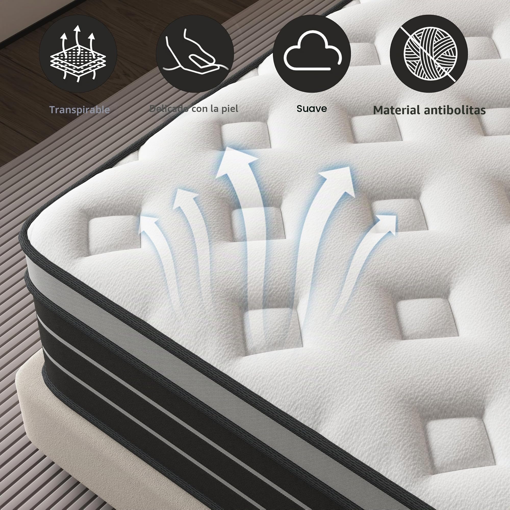 Colchón Boxspring 140x200 cm Grado de firmeza H3, Adecuado para niños y adultos, Certificado Öko-Tex, Colchón ergonómico de 7 zonas, Altura 20 cm
