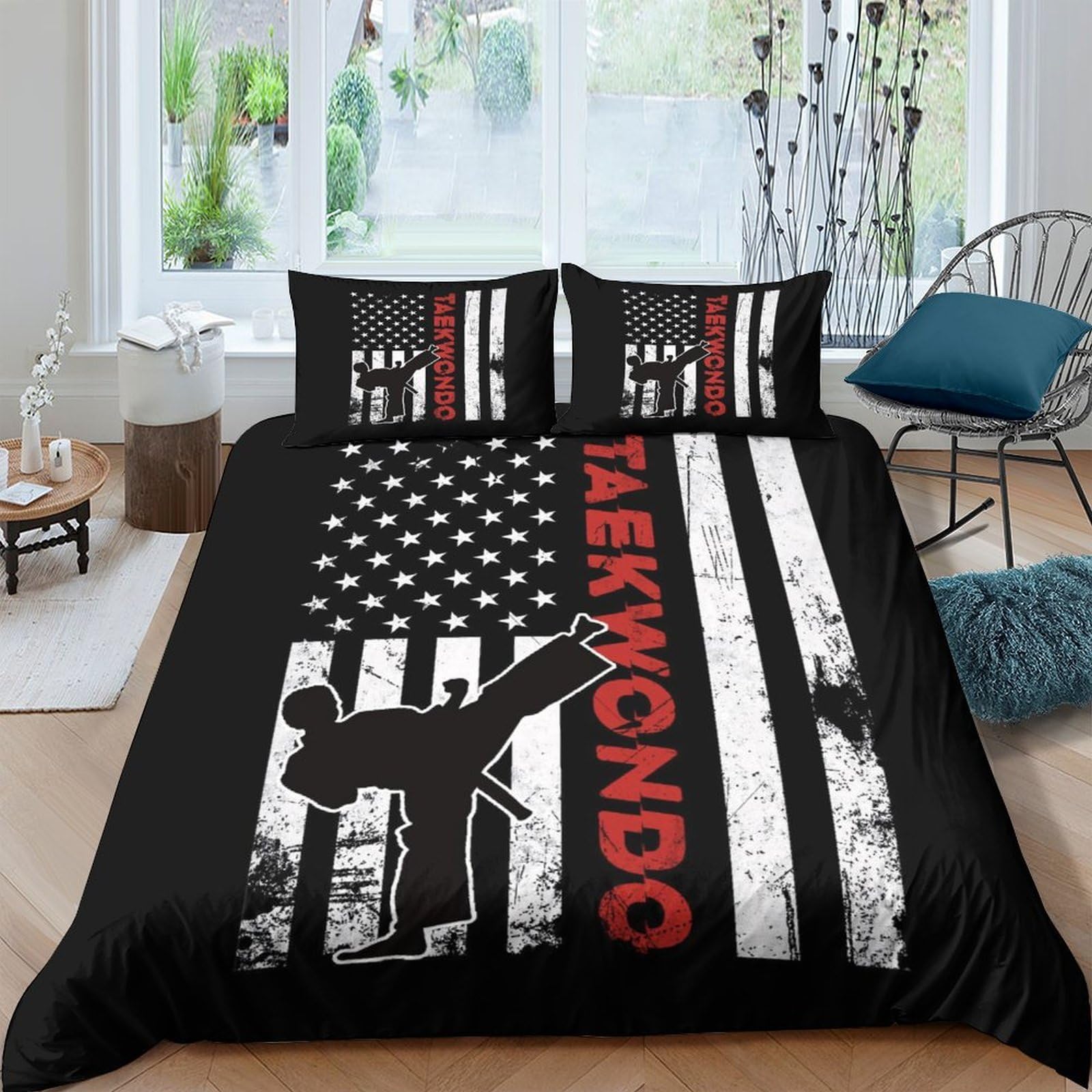 Ctjqhvkz Style-4 3D Printed Taekwondo American Flag Fitted Sheet Microfiber Soft Black Bed Cover For Bedroom Dorm Mattress Decor Single（135X200cm）