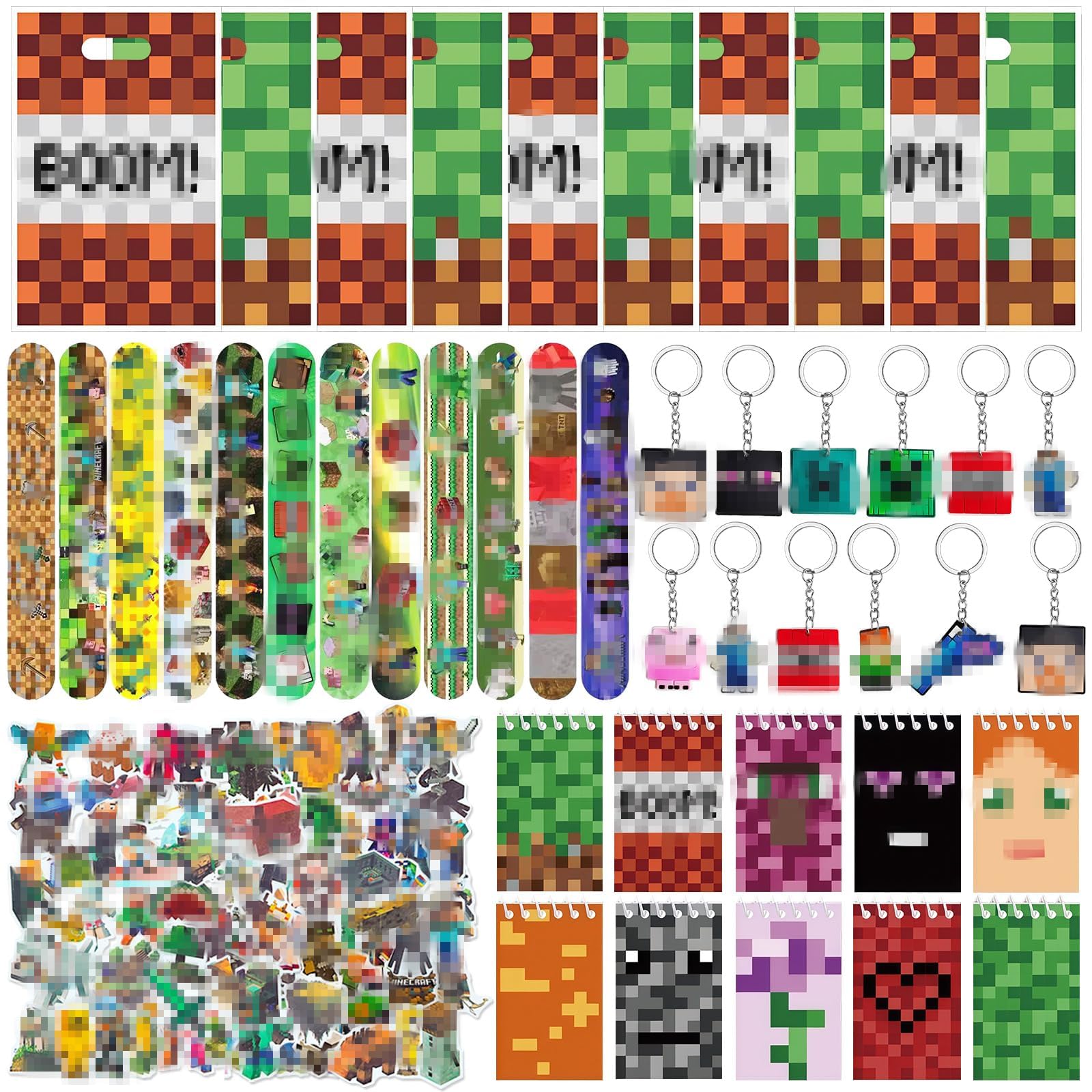 Mitgebsel Kindergeburtstag Miner- 144Pcs Party Spielzeug Set mit Aufkleber Schlüsselanhänger Geschenktüten Schnapparmband Notizbücher, Pixel Mitbringsel Geschenk Kinder Party Zubehör Geburtstag Deko