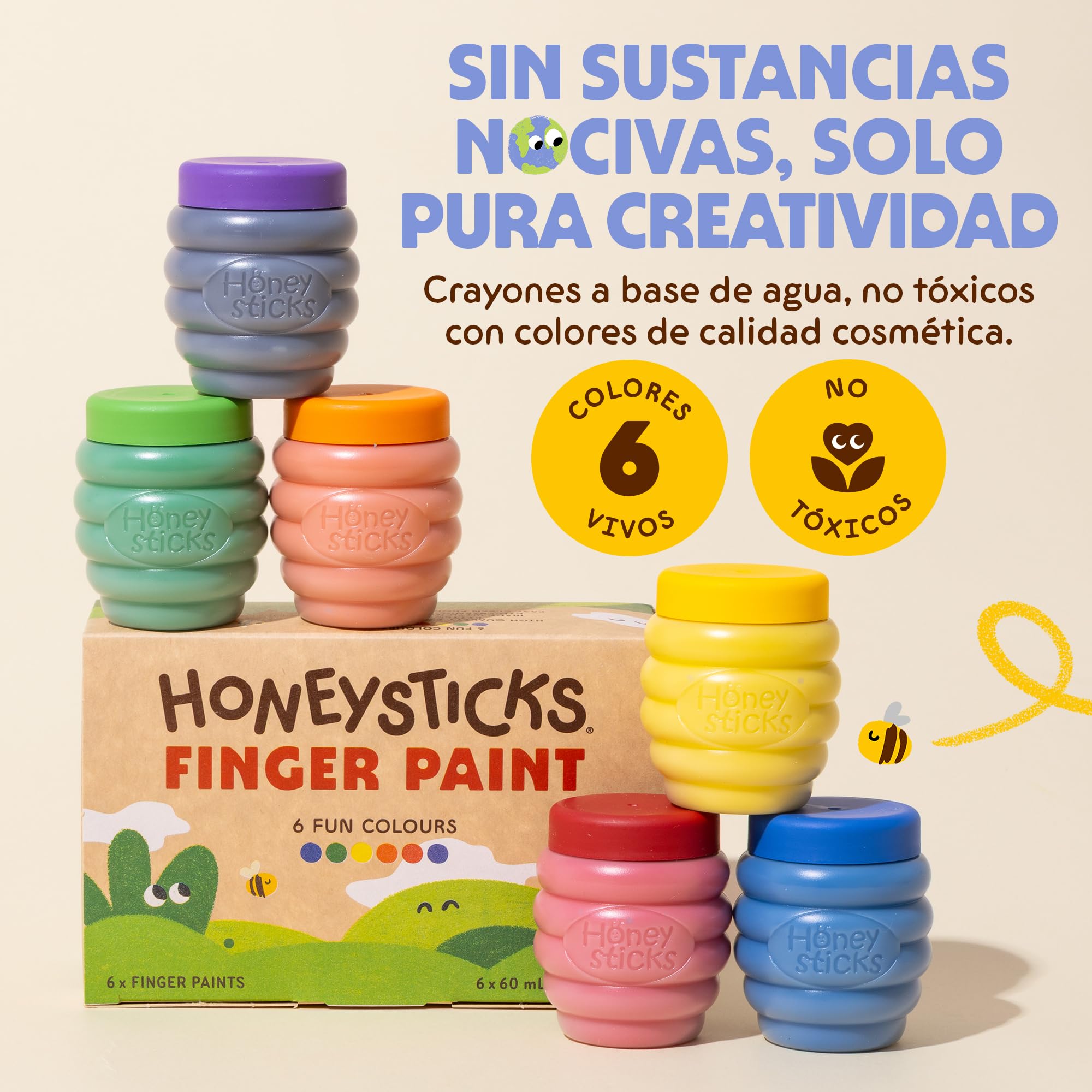Honeysticks Pintura de Dedos para Niños y Bebés No Tóxica – Pinturas para Bebés y Niños de 1 a 5 Años a Base de Agua en 6 Colores Vivos - Seguras y Lavables de la Piel – Ecológica