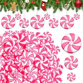 Syhood 120 Pcs Christmas Pink Fake Candy Ornaments, Lollipop Decorations | Christmas Tree Hanging Decor, Swirl Round Candy with Hanging Ropes, 6 Sizes, for Home Party Favor Supplies, DIY Crafts
