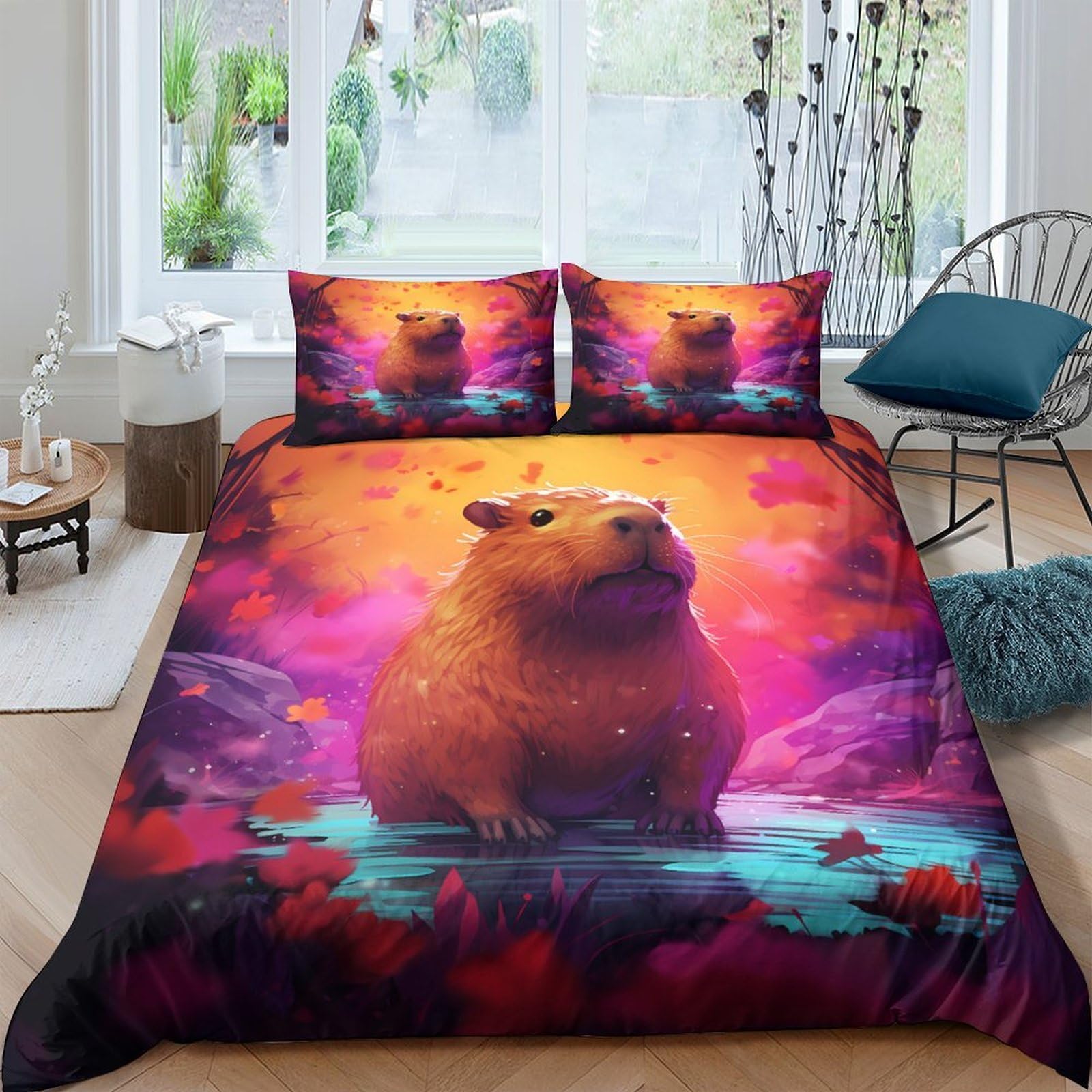 Ctjqhvkz Style-5 3D Printed Capybara Sunset Fitted Sheet Microfiber Soft Anti-Slip Forest Lake Bed Cover For Bedroom Guest Room Decor Single（135X200cm）