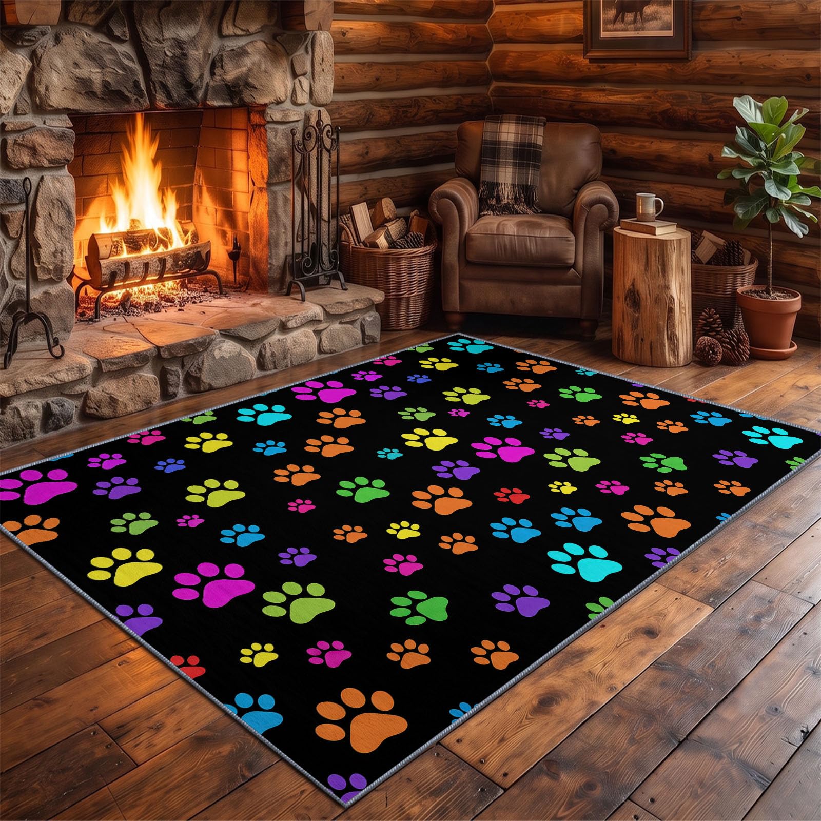 Noir Tapis Salon 80 x 150 cm, Ludique Lavable en Machine Tapis | Chambre Antidérapant, Minimaliste Empreinte De Patte Animale Tapise Bureau Salle a Manger, Doux Poil Ras Rug, Cuisine