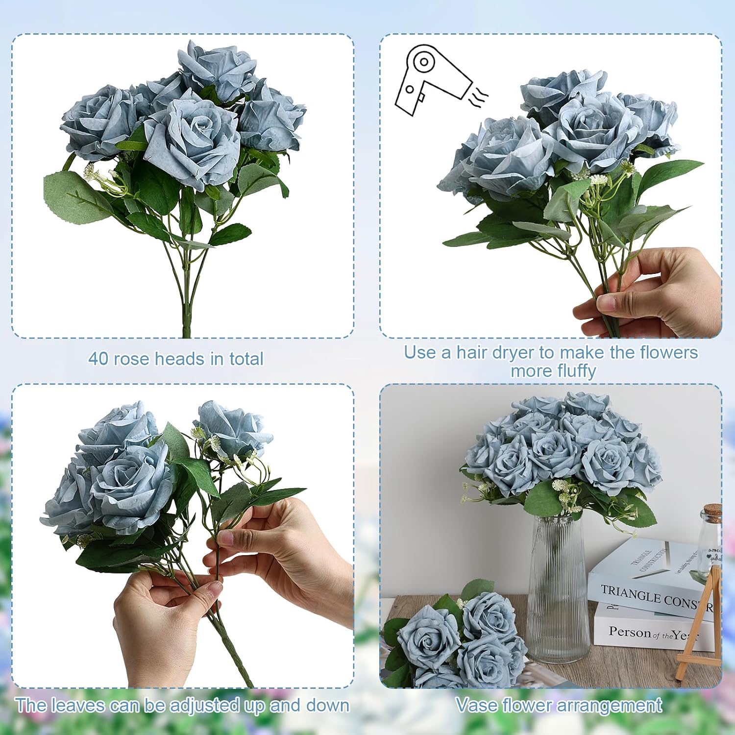 Artificial Roses Bouquets - 8 Bundles Fake Silk Flowers Realistic Faux Florals Bulk for Wedding Bridal Party Baby Shower Event Home Arrangements Centerpieces Decorations (Dusty Blue) - Image 3