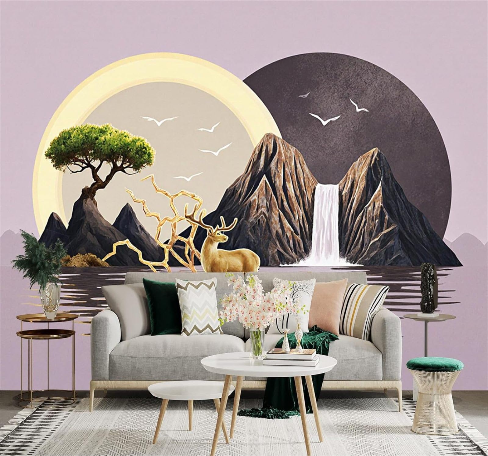 XLMING Deer Waterfall Mountains Trees Boats Tranquil Lakeside Scene 3D Wallpaper Silky Texture Home Study Office Grey Dining Room Sofa Bedroom Living Room TV Backdrop-150cm×105cm