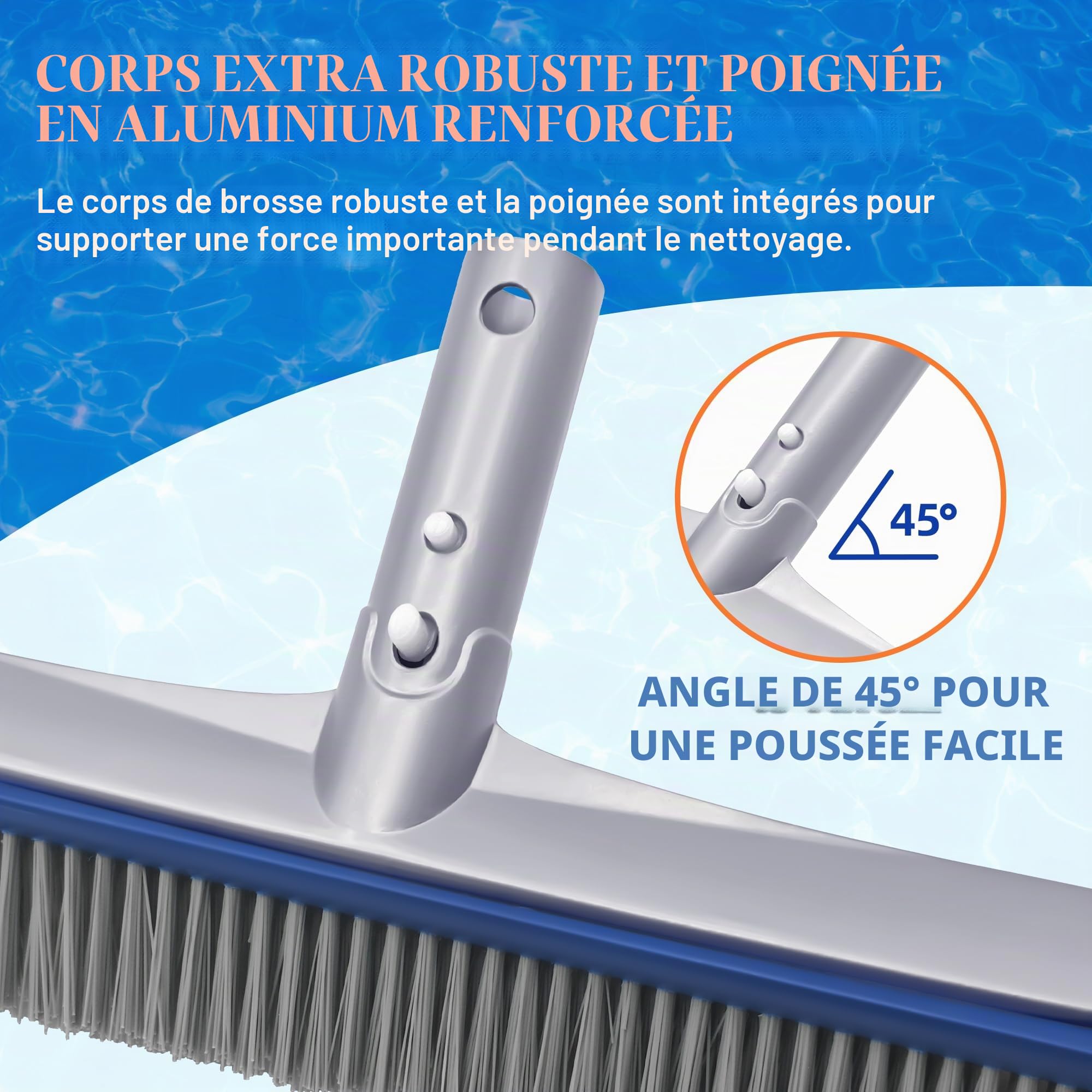 PooLiFE 44,5 cm Brosse de piscine avec lourde partie arrière en aluminium et manche de 45 cm. Brosse de piscine non télescopique