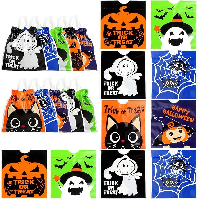 VEYLIN 36 Pcs Halloween Drawstring Candy Bags, Trick or Treat Bags, Plastic Goody Bags for Kids Halloween Party Favors
