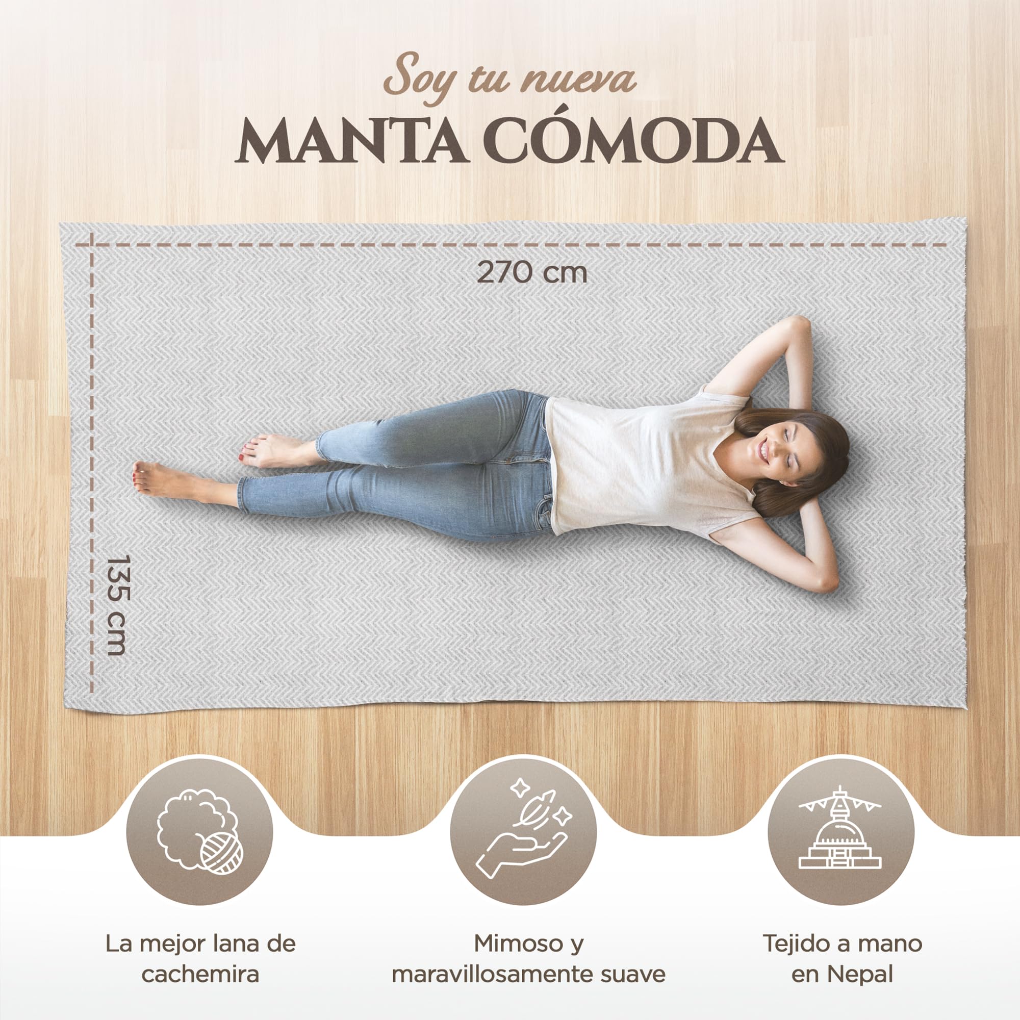 Manta de Cachemira - Manta Tejida a Mano para sofá 100% Lana de Cachemira - 135 x 270 cm, Suave y Acogedora Manta para sofá y Silla - Fabricada en Nepal