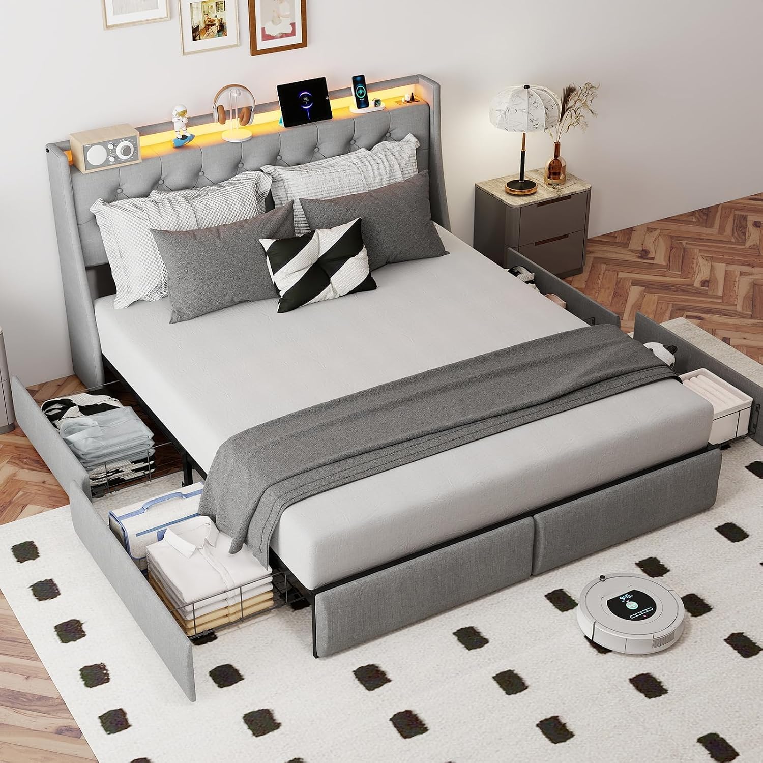 Grey Full Size Bed Frame with RGB LED Lights & Charging Station, Upholstered Platform Bed with Storage Headboard and 4 Underbed Drawers, Metal Frame, Noise-Free, No Box Spring Needed