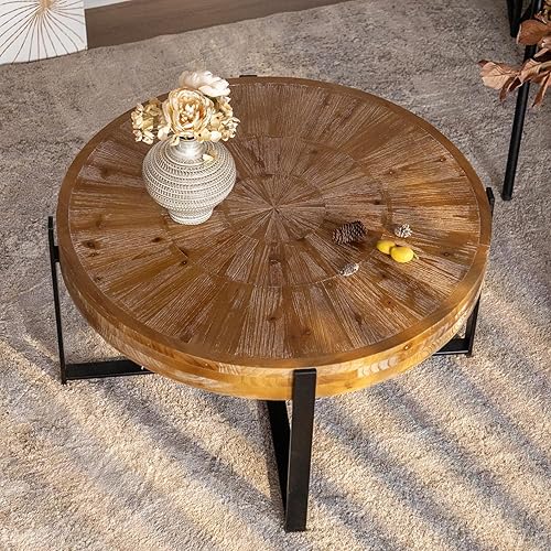 Maotifeys Mesa de centro redonda rústica para sala de estar, mesa de cóctel industrial de madera y metal, mesa central circular de 33.5 pulgadas en
