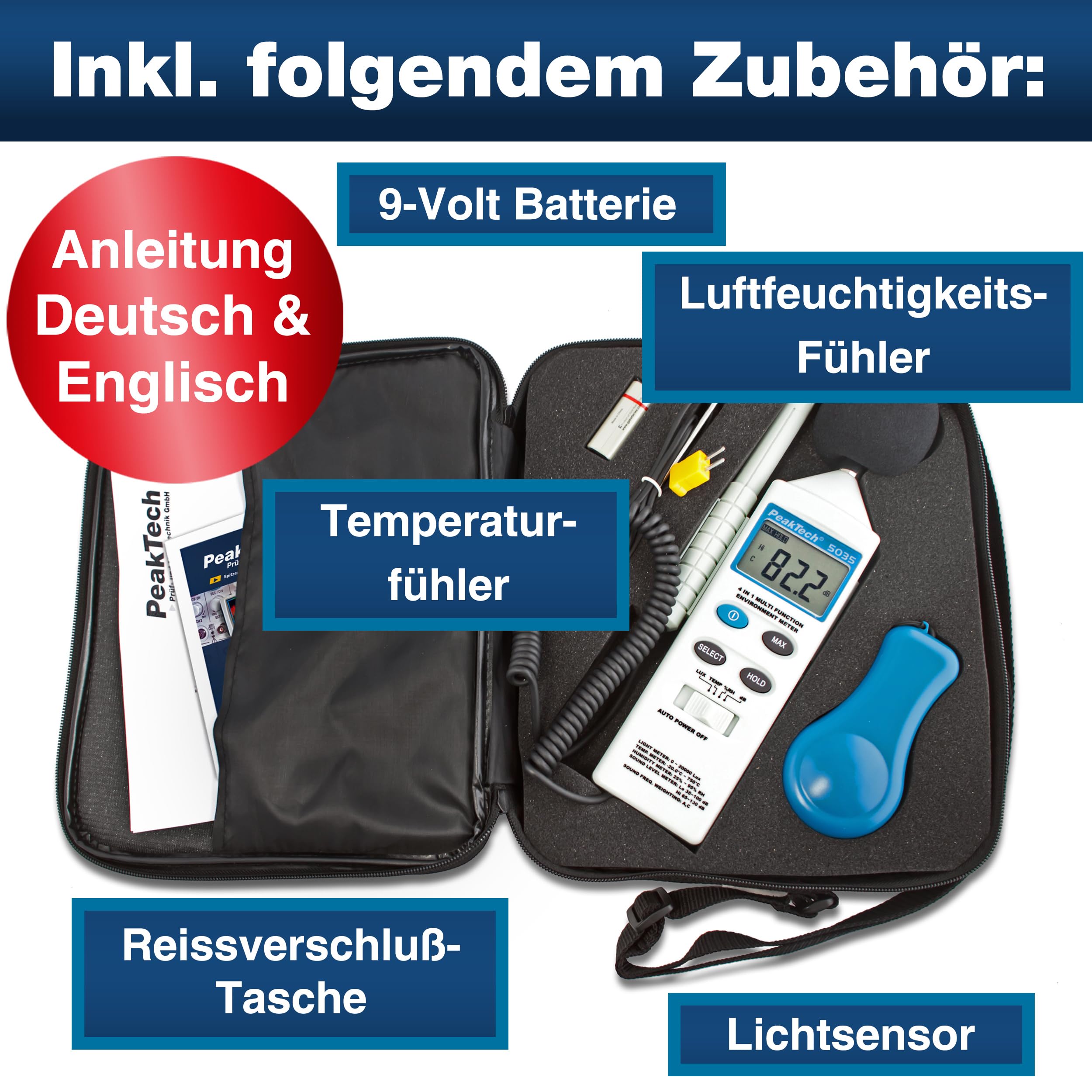PeakTech 5035 – Appareil de Mesures Environnementales Multifonction 4 en 1, Son, Température, Humidité et Luminosité, Écran LCD, Capteur Type K, Fonctionnement sur Piles - 250g