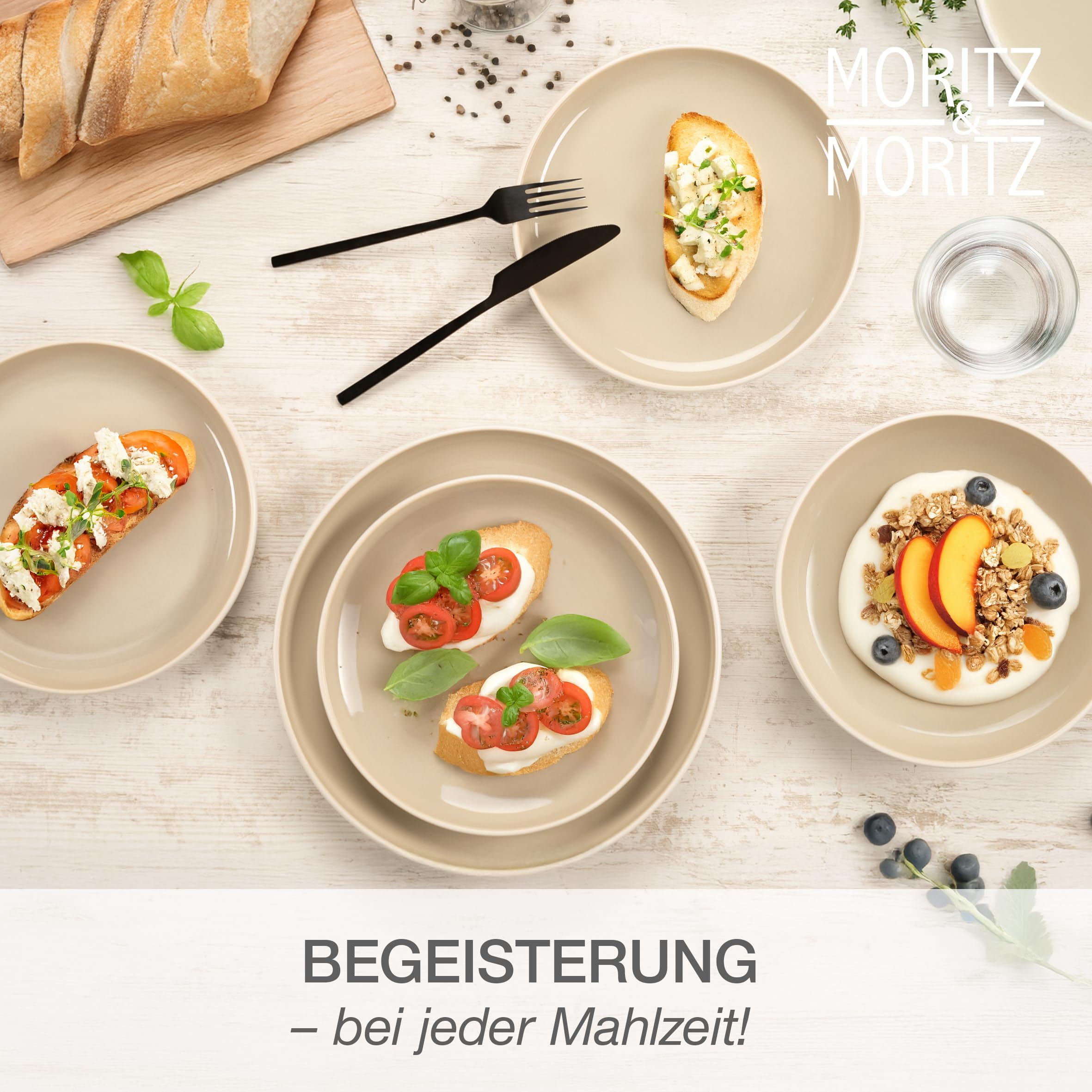 Moritz & Moritz CAVO Steingut Geschirrset 6 Personen 18-tlg. - Modernes Tafelservice in der Farbe Sand - Pflegeleichtes Kombiservice mit Teller Set & Schüsseln - Kaffeeservice