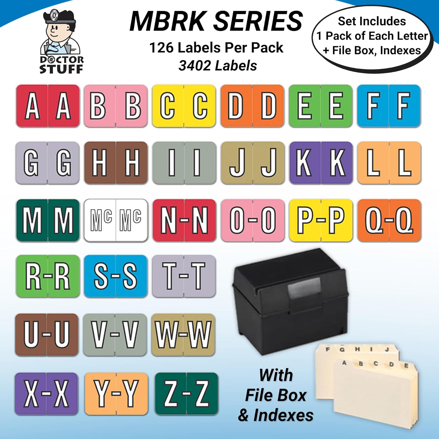 Alphabet Labels for File Folders, A to Z Plus Mc Complete Set with File Box and Indexes, Doctor Stuff, 126 Stickers of Each Letter, 3402 Labels, Barkley/Sycom FABKM - BRAM Series Compatible Stickers