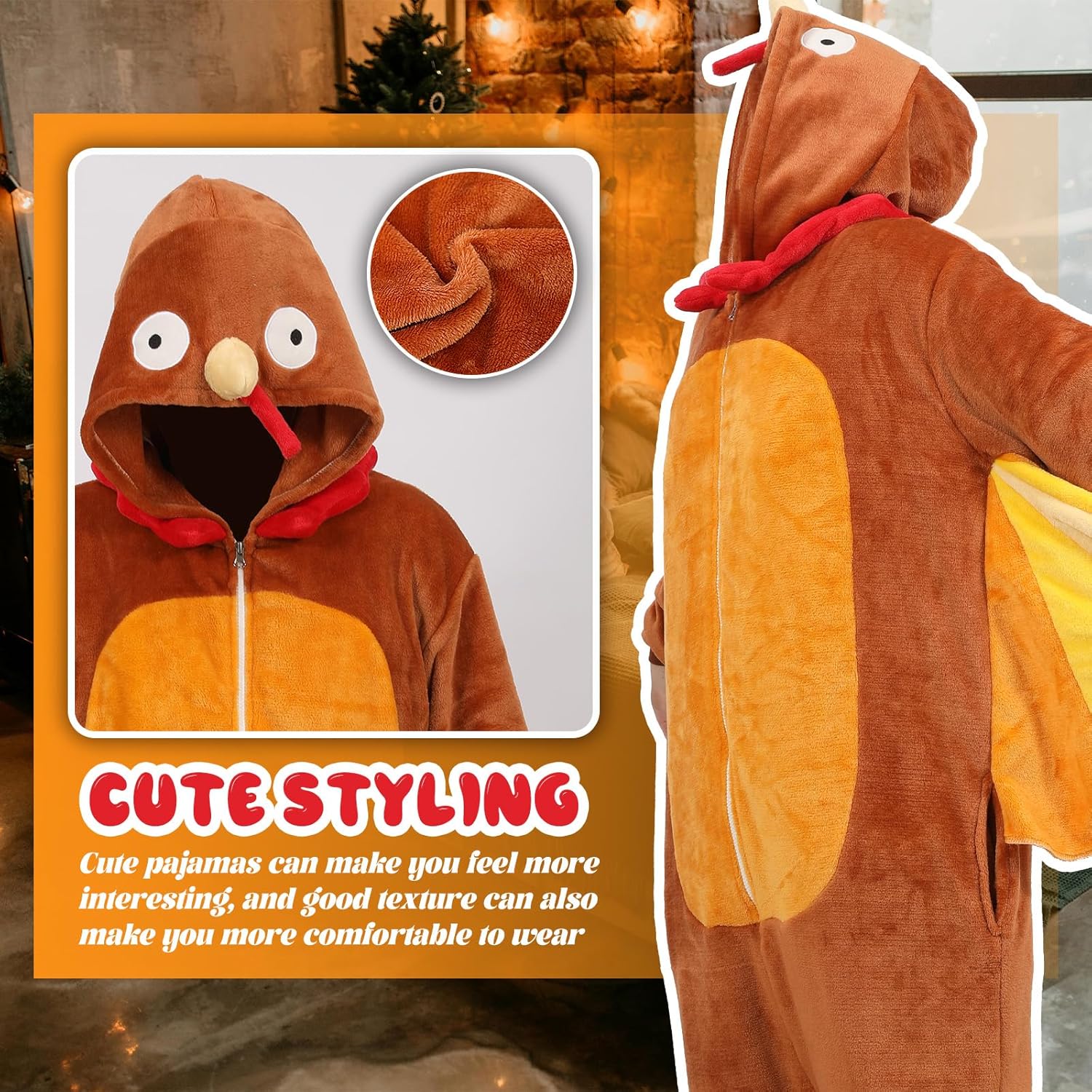 3D Turkey Hooded Onesie Costume Adult Pajamas Animal Plush Loungewear Sleepwear for Halloween Christmas Thanksgiving - Image 3